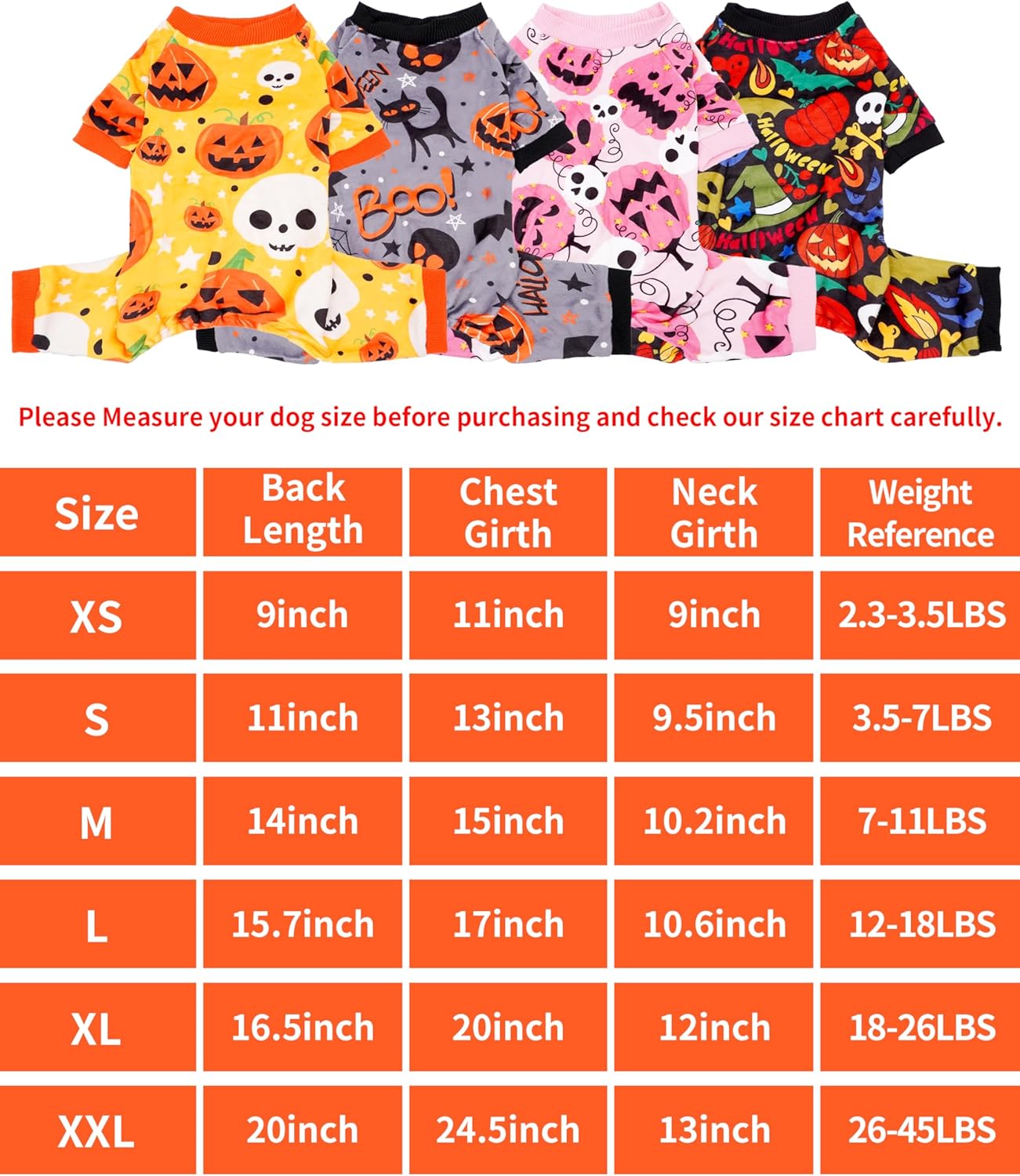 PET SHOW 4 Pack Halloween Small Dog Pajamas for Medium Dogs Onesie Pumpkin Ghost Soft Fleece Stretchy Jumpsuit Costume Boy Girl Pets PJs with Sleeve Clothes(L)