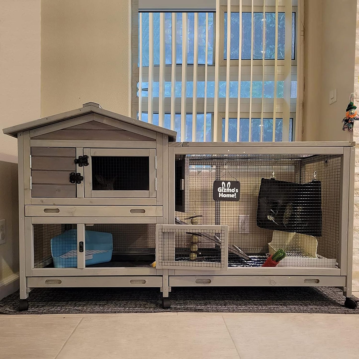 Bunny Cage Indoor and Outdoor Rabbit Hutch with Casters Waterproof Roof, Pull Out Tray from Back and Front 61.2" L x 22.6" W x 33.5" H
