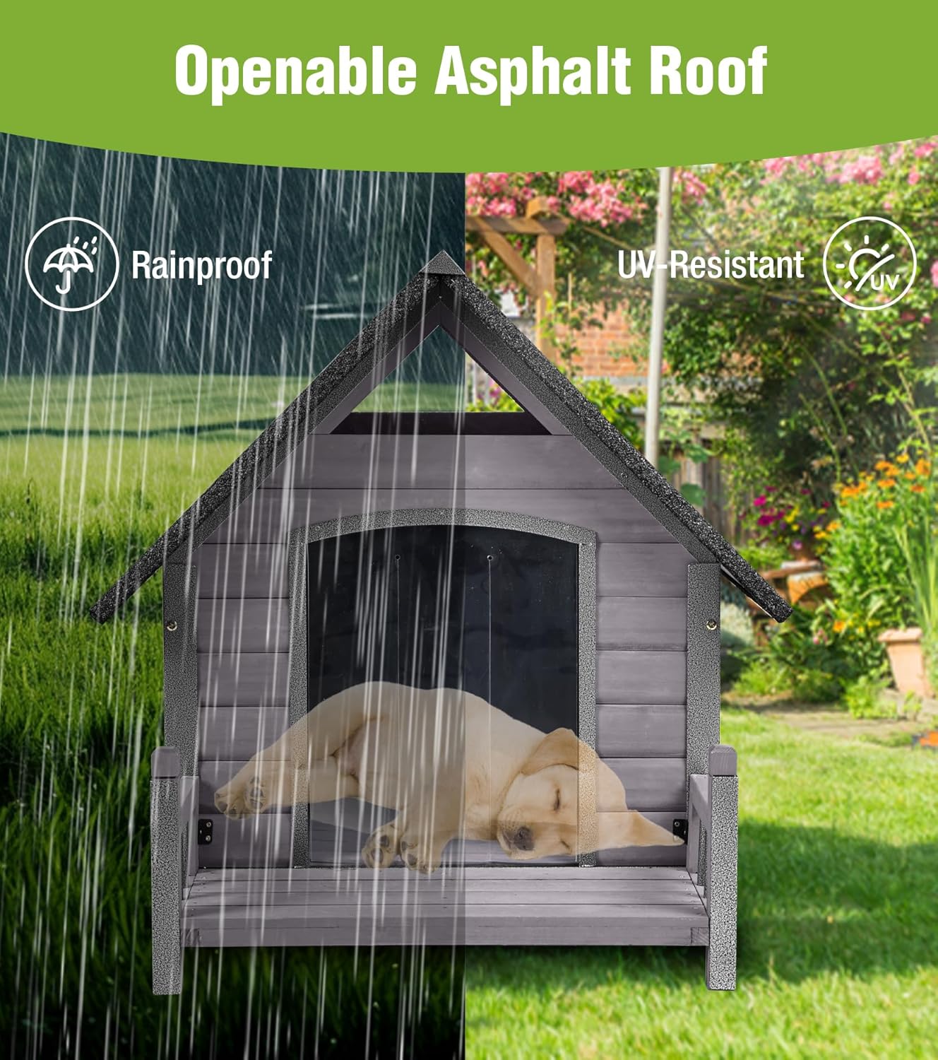 GUTINNEEN Dog House Outdoor Weatherproof with Porch, Puppy Shelter Indoor with Anti-Bite Design, PVC Curtain, Asphalt Roof, Elevated Waterproof Base, for Small to Medium Dogs - Grey