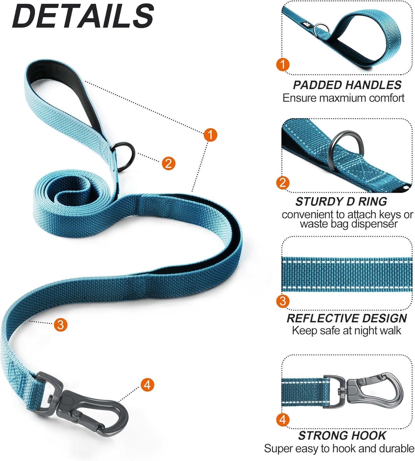 TwoEar 4FT 1IN Strong Blue Dog Leash with 2 Padded Handles, Traffic Handle Extra Control, Comfortable Soft Dual Handle, Auto Lock Hook, Reflective Walking Lead for Small Medium and Large Dogs