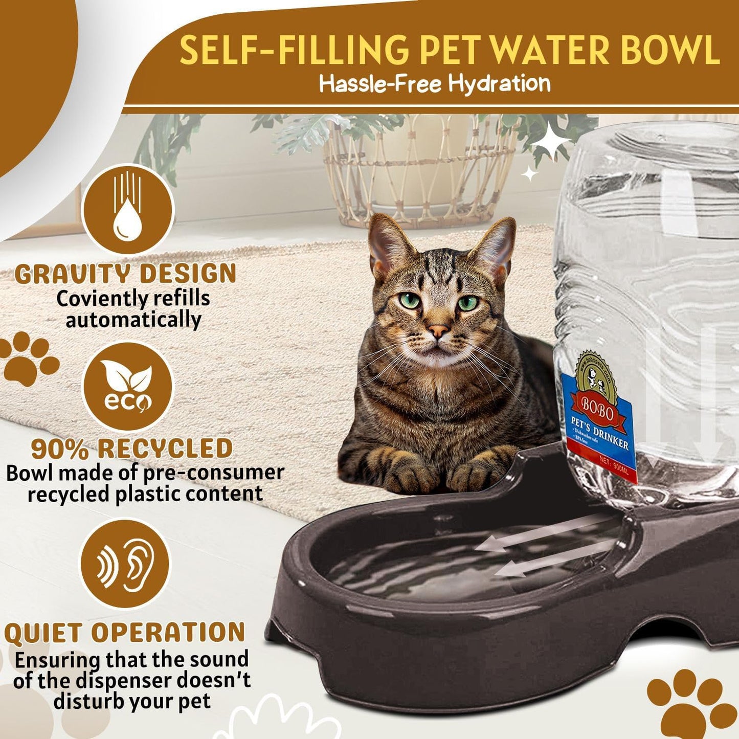 Flexzion Automatic Gravity Pet Waterer for Cat & Dog - Non-Skid & Easy-Clean Auto Replenish Water Dispenser Drinking Bowl (3/8 Gallon / 1.5L), Black