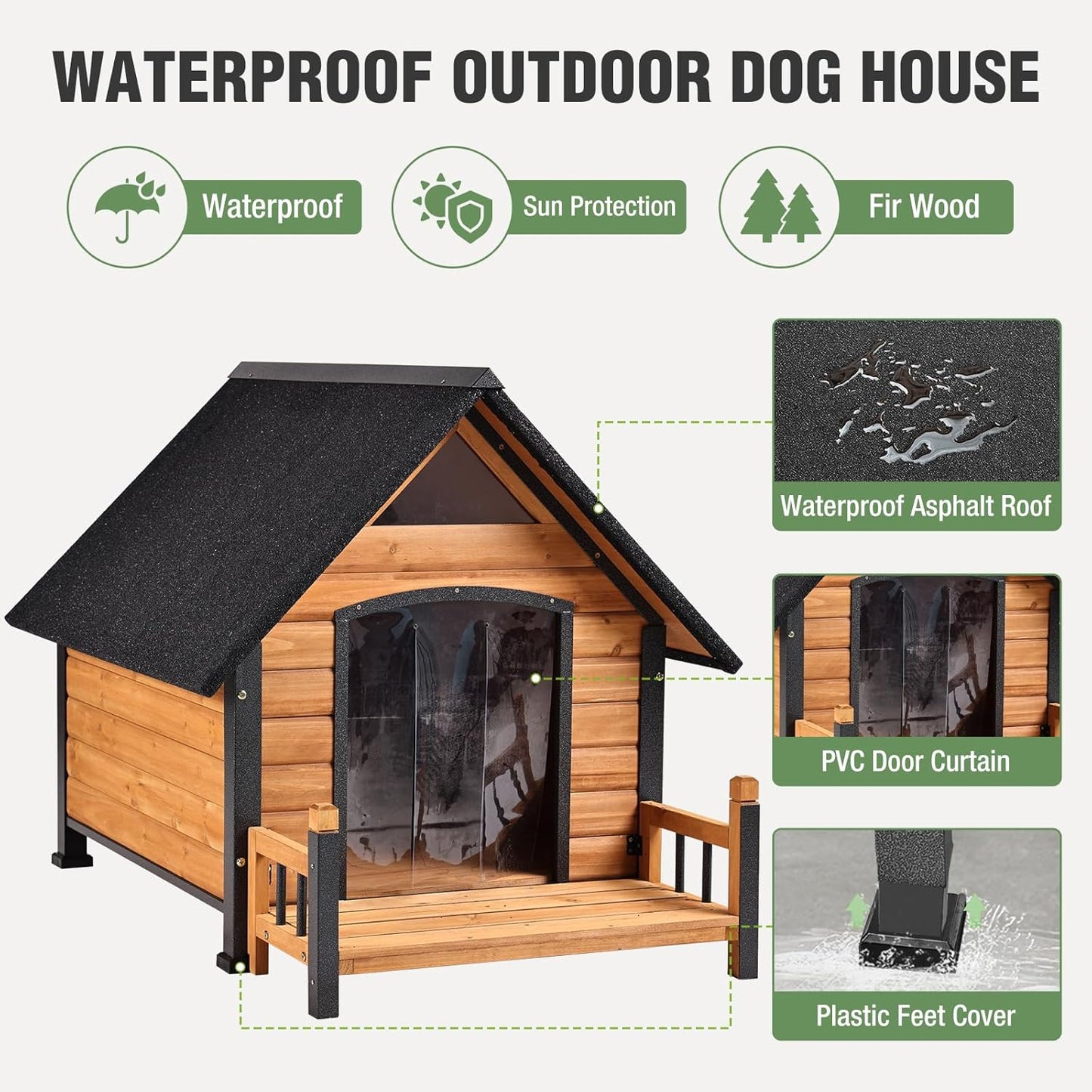 Dog House Outdoor with Anti-Chewing Iron Frame, Weatherproof Dog Kennel with Porch and Raised Feet for Small Medium Large Dogs Indoor (Brown, 45" x 32.9" x 32.6")