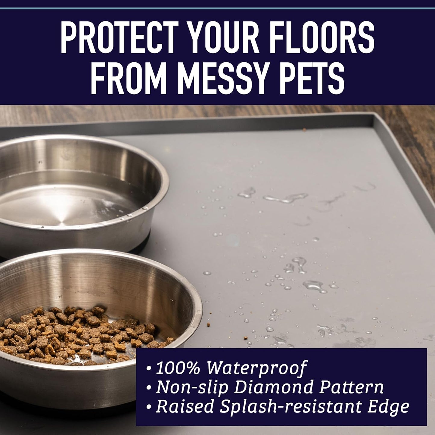 Leash Boss Silicone Dog Water Bowl Mat - XL 25" x 17" Gray - Tall Lip & Non-Slip Base - Waterproof Dog & Cat Food Mat, Dog Food Mat for Food and Water