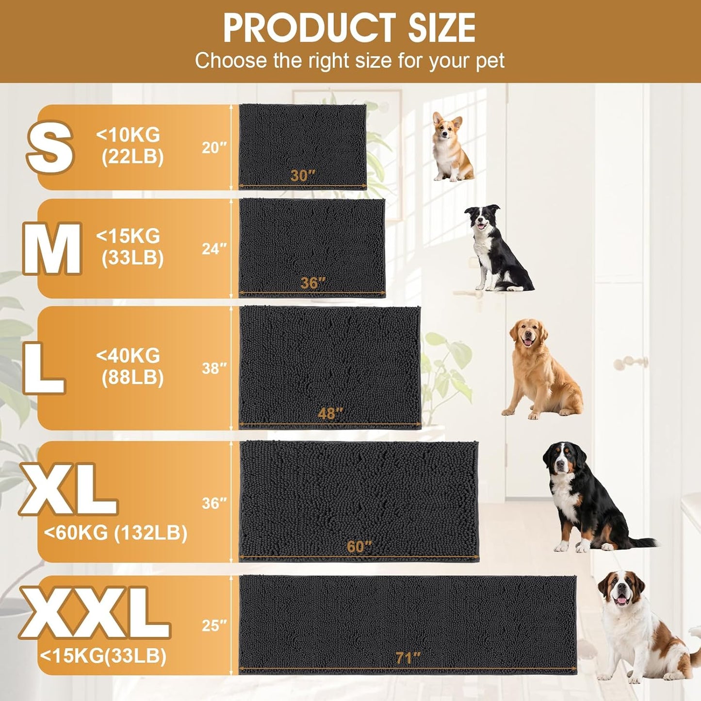 Extra Large Dog Door Mats for Muddy Paws, Chenille Absorbent Dog Mats, Non Slip Heavy Mud Mat for Dogs, Soft Pet Mat for Entryway, Mud Paws, Inside Floor,60" x 36", Dark Grey