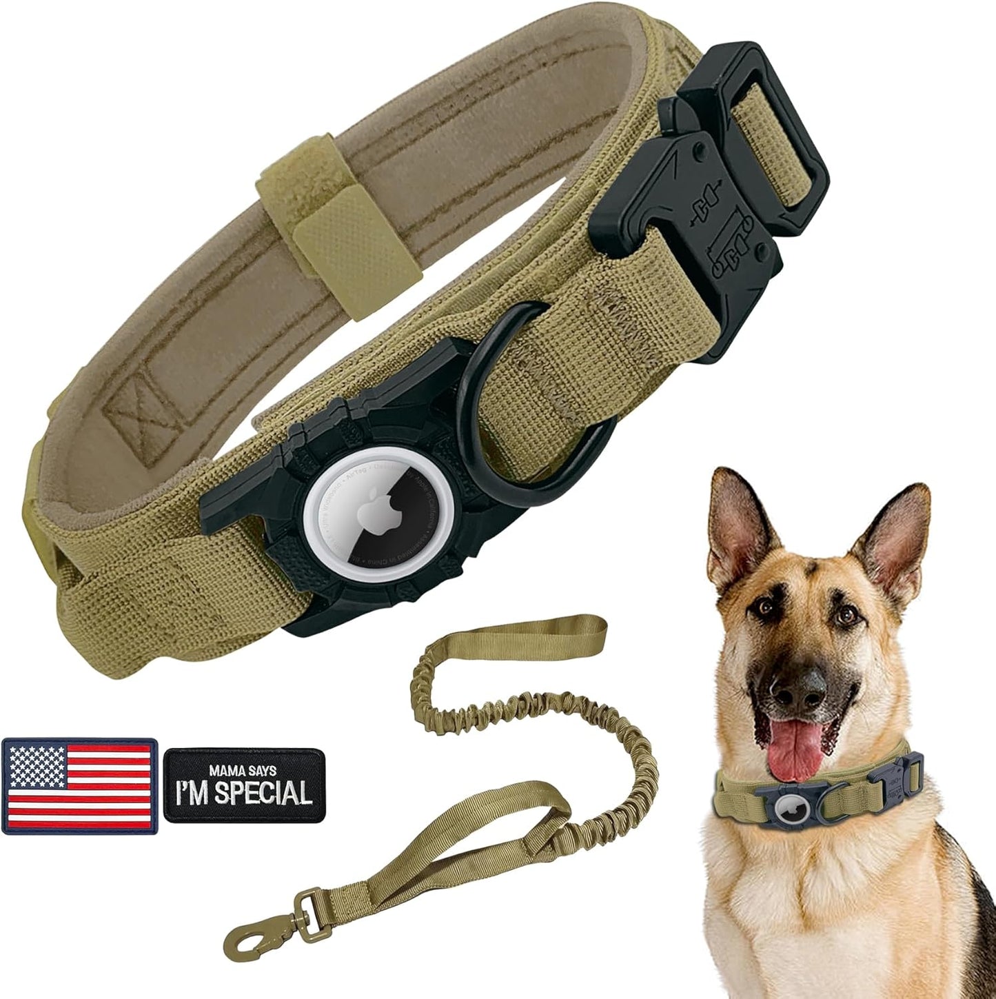 Tactical AirTag Dog Collar Leash Set - Heavy Duty, Adjustable GPS Collar Compatible with Apple AirTag, with Holder & Control Handle for Medium/Large Dogs [Brown, XL]