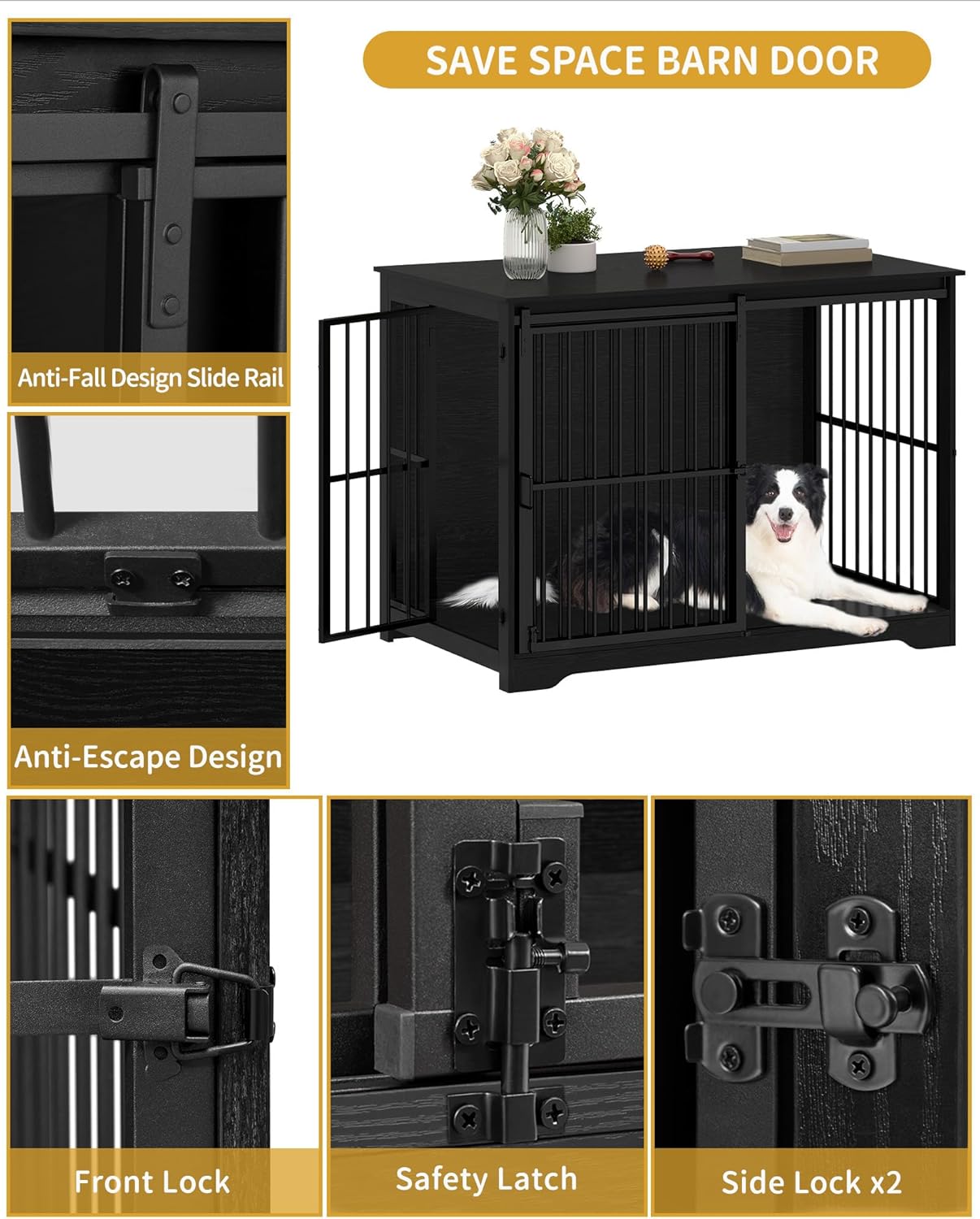 XXL Large Dog Crate Furniture, 46.9" Indoor Dog Kennel Furniture with Barn Door, Wooden Tall Dog Crate, Heavy Duty Dog Cage for Large Dogs, Side End Table, Anti-Chew, Black DFC83804B