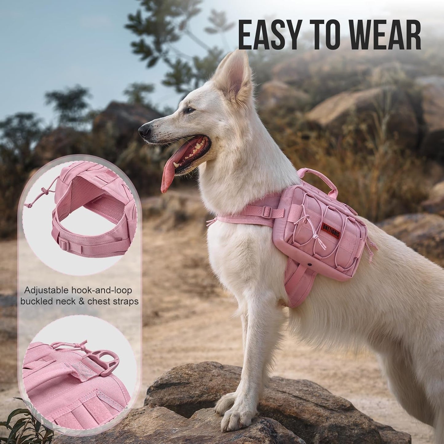 ONETIGRIS Dog Backpack for Medium & Large Dogs, Nylon Backpack for Dogs Tactical Pet Backpack with Side Pockets for Hiking Walking Training Running (Pink, Medium)