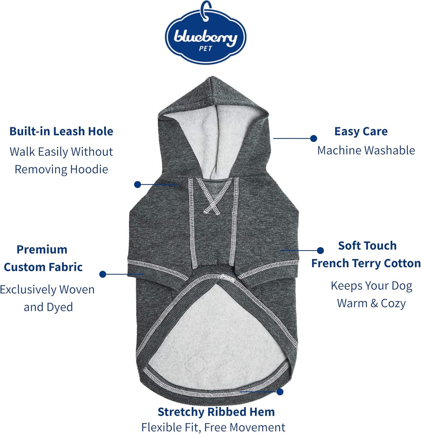 Blueberry Pet Essentials Soft & Comfy Better Basic Cotton Blend Dog Hoodie Sweatshirt in Charcoal Grey, Back Length 16", Pack of 1 Jacket for Dogs
