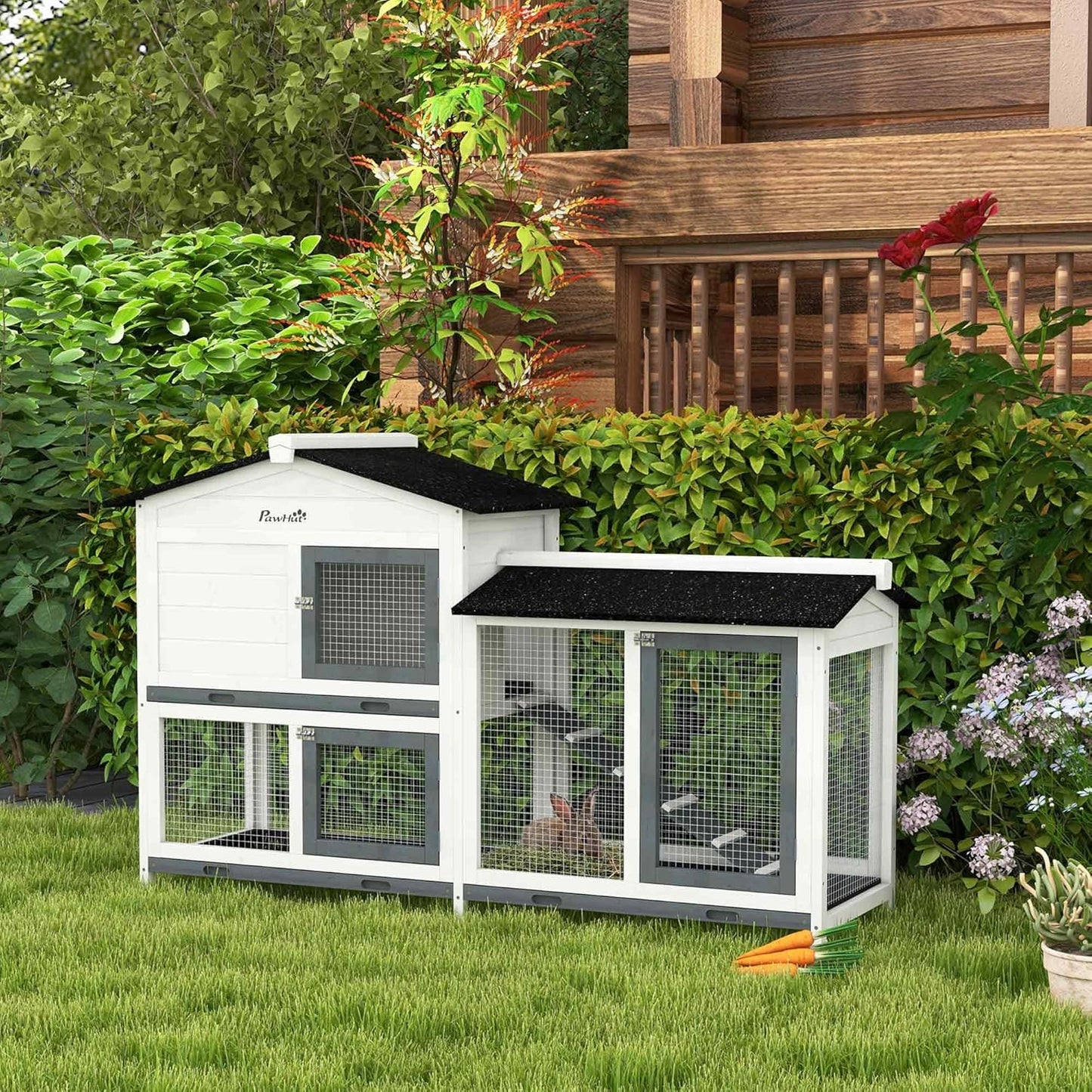PawHut 62" Rabbit Hutch, Wooden Bunny Hutch, Guinea Pig Cage, Small Animal Enclosure with Run Area, Removable Tray, Asphalt Roof, Lockable Doors and Ramp, for Rabbits, Chickens, Ducks, White