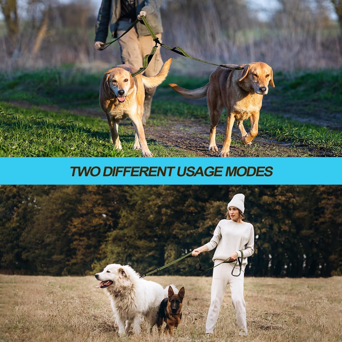 PetBonus Double Dog Leash, No Tangle Dual Leash, Reflective Walking Training Lead, 4 Comfortable Padded Handles for 2 Dogs with Collapsible Bowl and Waste Bags (Army Green, Large)