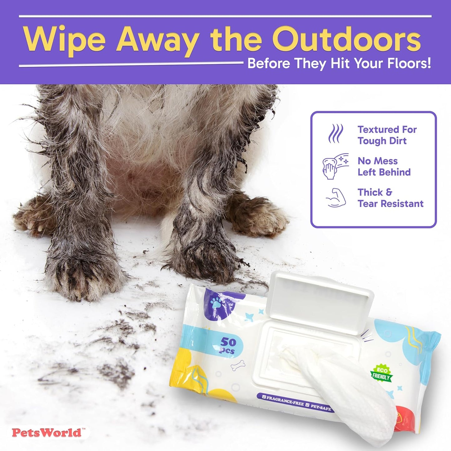 PETSWORLD Pet Wipes for Dogs & Cats, Unscented, Hypoallergenic, Chemical-Free, Biodegradable (98%), Thick & Durable, Textured Grooming Wipes (Unscented, 600 Count)