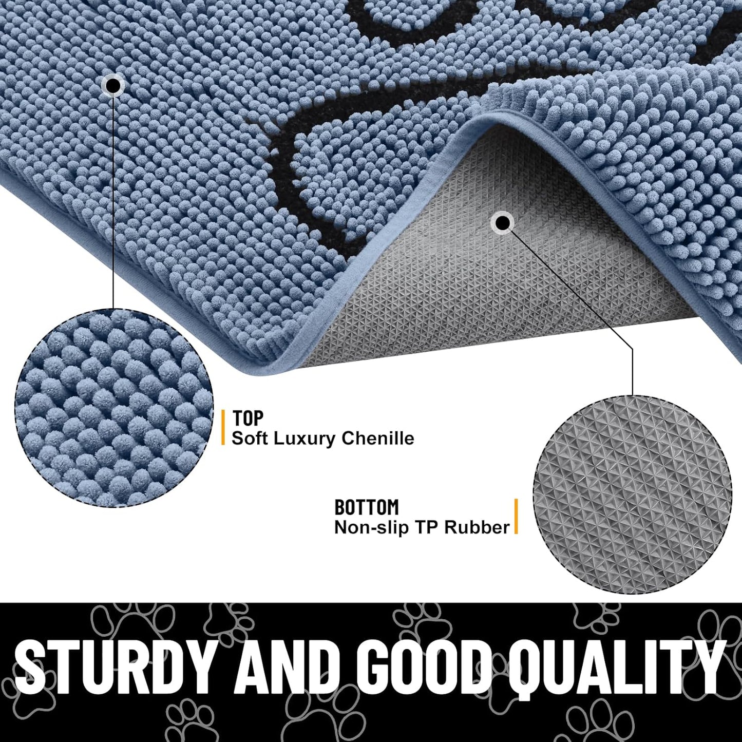 Smiry Dog Door Mat for Muddy Paws, Absorbent Dirt Trapper Non Slip Quick Dry Washable Chenille Mat for Mud Dogs, Entry Rug for Indoor and Outdoor (48x30 Inches, Airy Blue and Black)