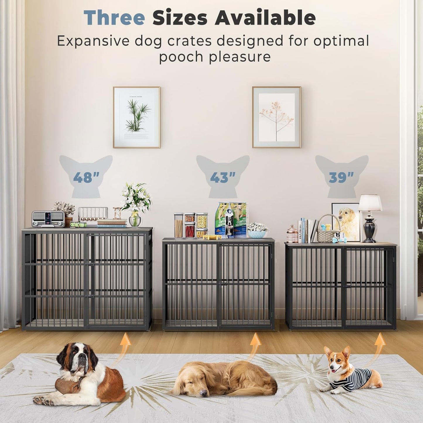 Lyromix 48'' XXL Dog Crate Furniture with 3 Doors, Wooden Crate End Table Heavy Duty Indoor Combination Cage for Medium to Large Dogs, Multiple Units Can be Combined, Grey