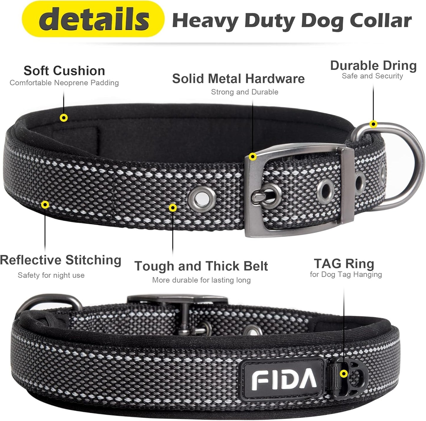Fida Heavy Duty Dog Collar, Ultra Comfortable Soft Neoprene Padded, Adjustable Reflective Nylon Pet Collar with Durable Metal Belt Buckle for Small Breeds (S, Black)