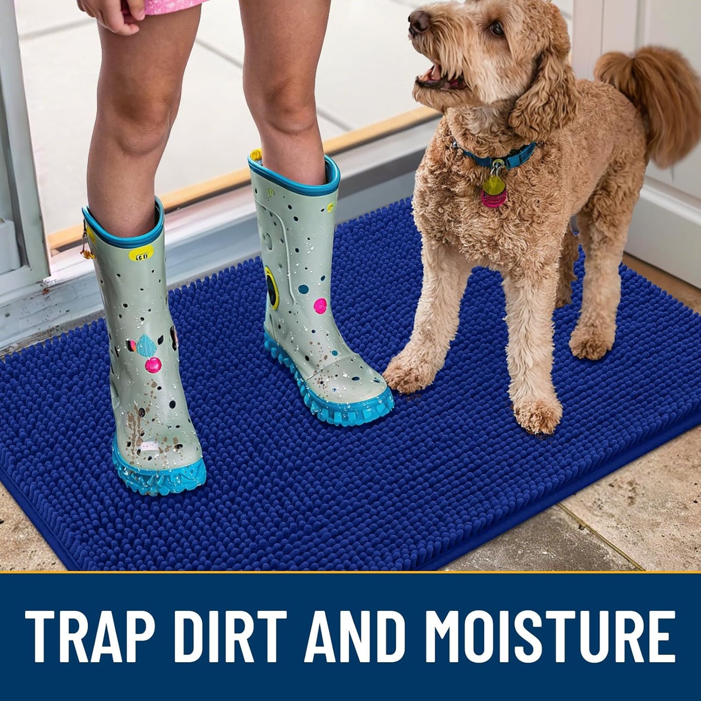 Smiry Dog Door Mat for Muddy Paws 30x20, Absorbs Moisture and Dirt Doormat, Non-Slip Washable Quick Dry Chenille Front Door Mat Indoor Entrance, Entryway Carpet for Inside Floor, Royal Blue