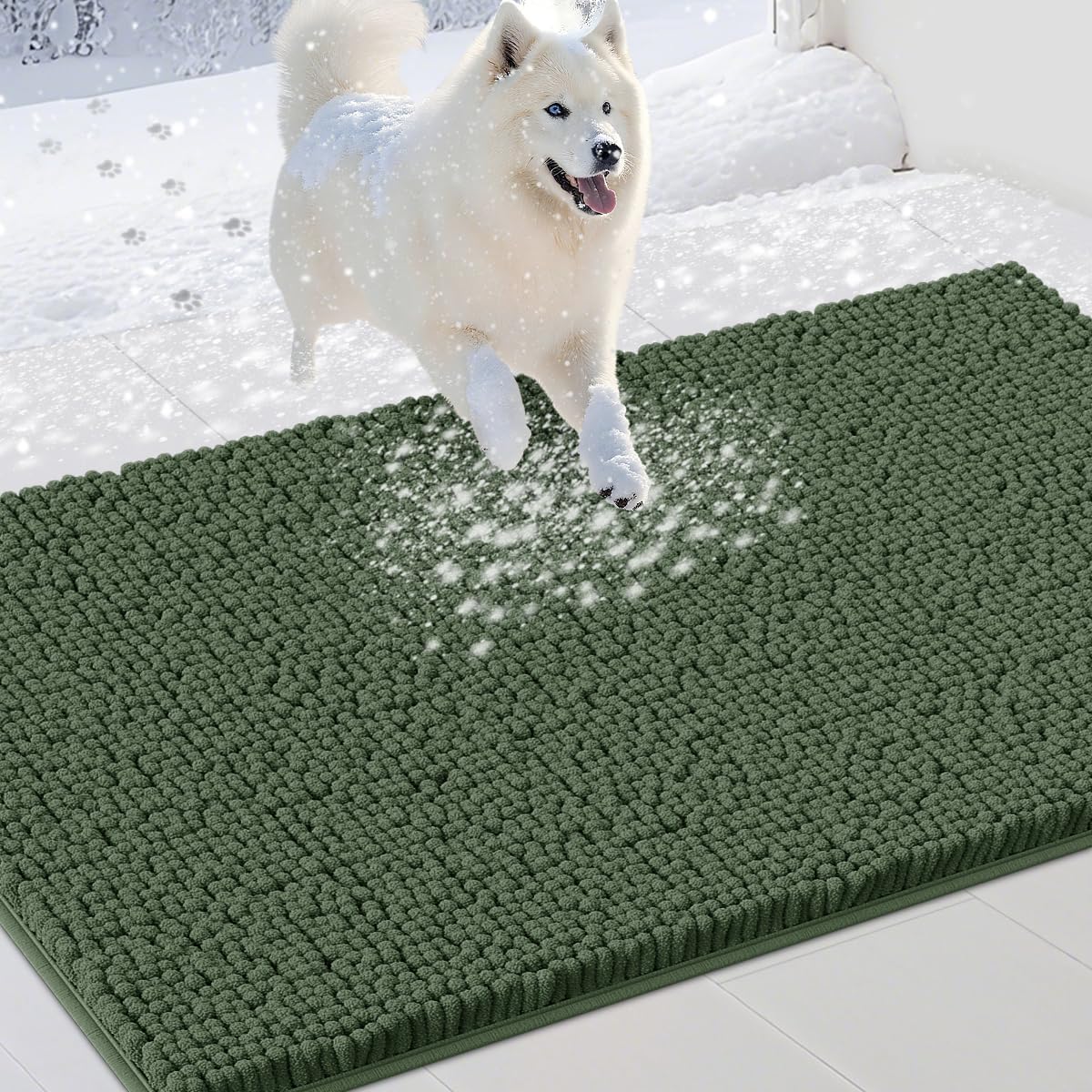 Dog Door Mats for Muddy Paws, Chenille Absorbent Dog Mats, Non Slip Heavy Mud Mat for Dogs, Soft Pet Mat for Entryway, Mud Paws, Inside Floor,48" x 38", Olive