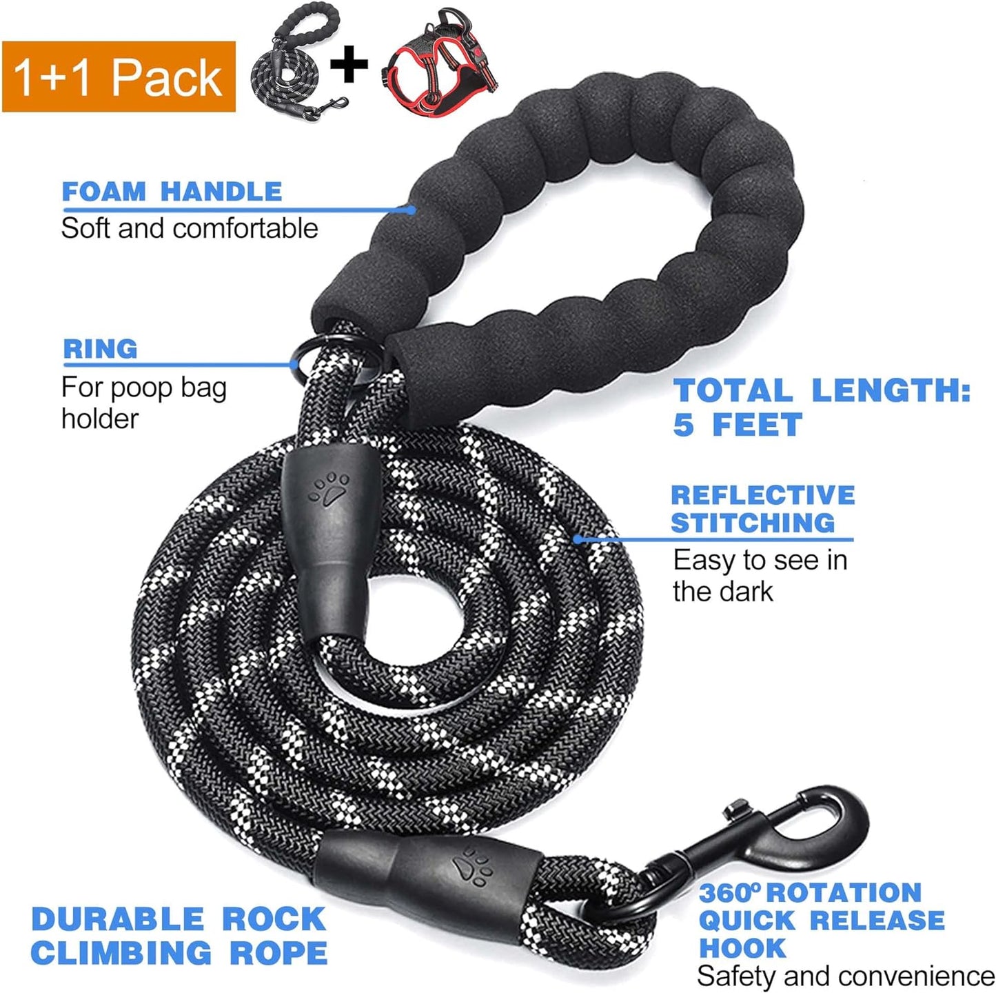 No Pull Dog Harness Adjustable Reflective Oxford Easy Control Medium Large Dog Harness with A Free Heavy Duty 5ft Dog Leash