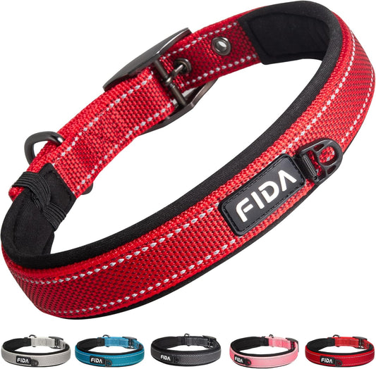 Fida Heavy Duty Dog Collar, Ultra Comfortable Soft Neoprene Padded, Adjustable Reflective Nylon Pet Collar with Durable Metal Belt Buckle for Small Breeds (S, Red)