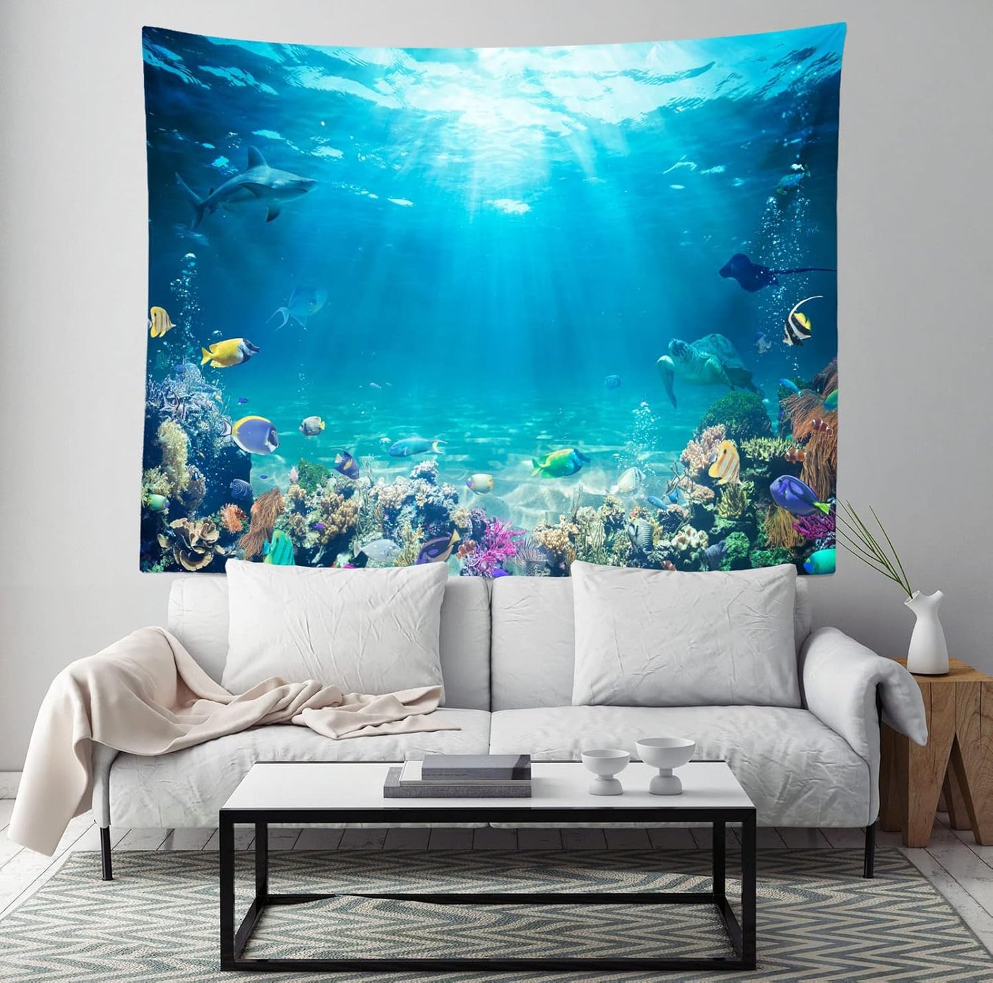 Underwater World Tapestry Blue Ocean Wall Hanging Under the Sea Coral Reef Wall Tapestry Tropical Fish Tank Undersea Tapestries Marine Wall Art for Bedroom Living Room Dorm Decor 118''x98''