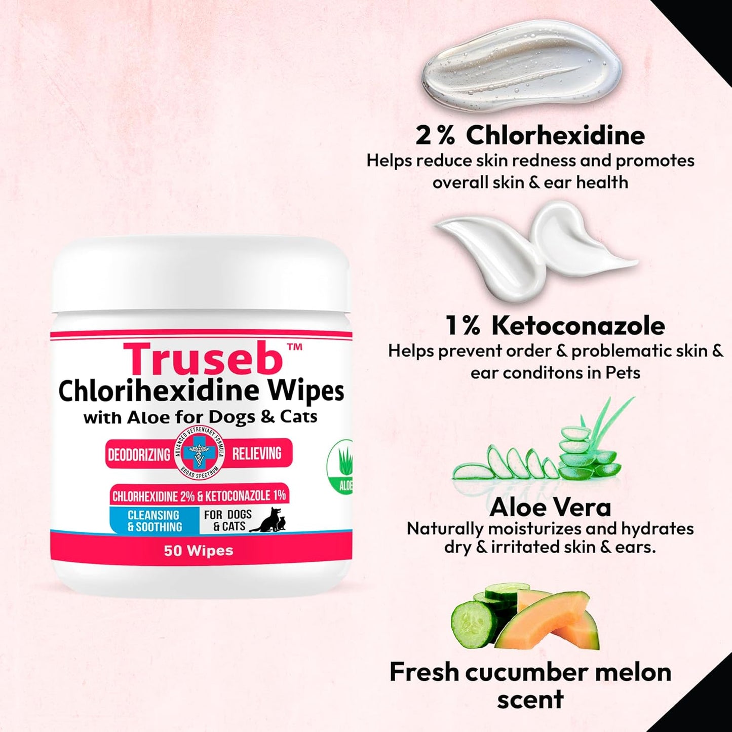 Truseb Topical for Dogs, Cats and Horses - with Aloe for Cleansing (Ketoconazole & Chlorhexidine Wipes, 100 Count)