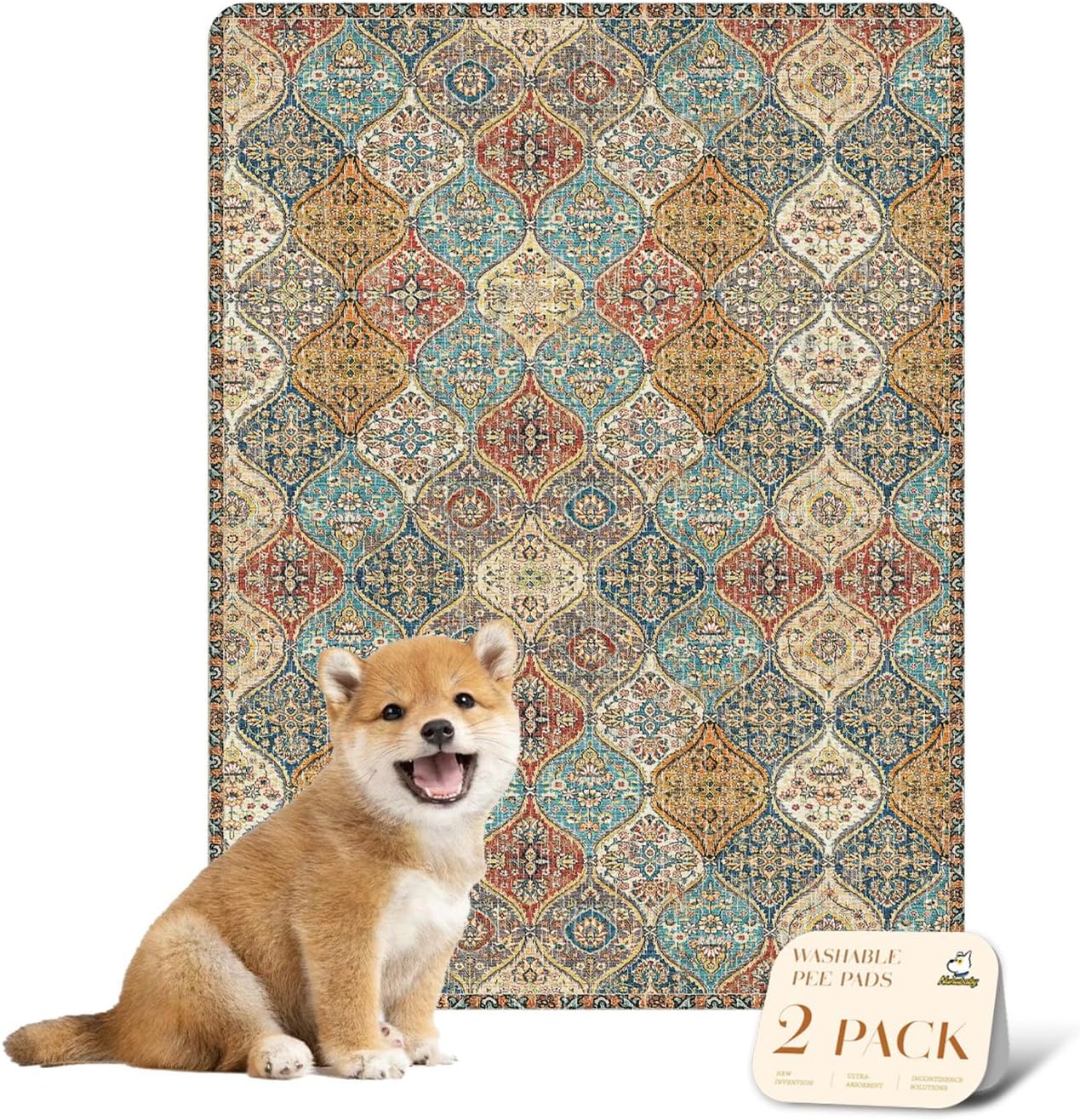 nunubaby Washable Pee Pads for Dogs, Stylish, Non-Slip and Leak-Proof Pee Mat. ultra-absorbent Reusable potty pad for Crates and Floors.(Cream/Multi, 18" x24" )