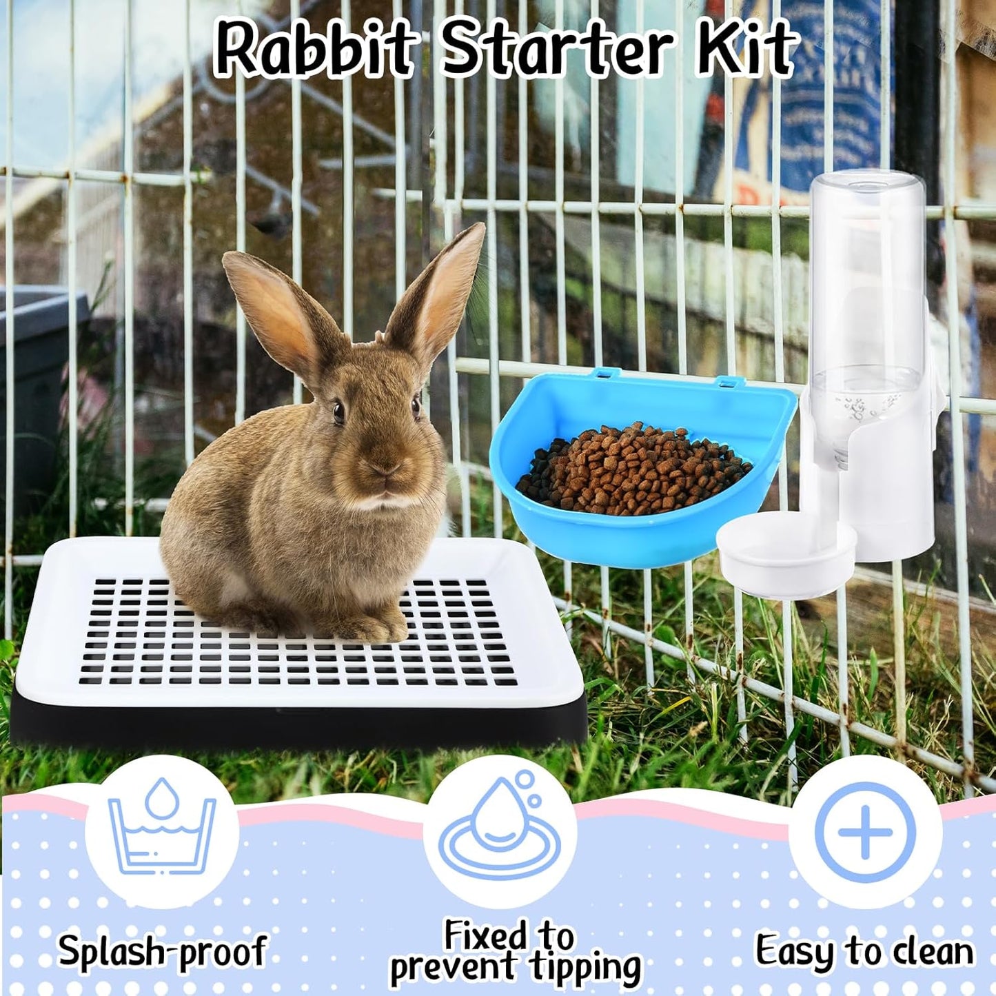 19 Pcs Rabbit Starter Kit Small Bunny Litter Box Rabbit Grooming Kit Water Bottle Bunny Toys Hay Feeder Bowl Blankets with Cleaning Set for Guinea Pig Accessories(Black,Cloud)