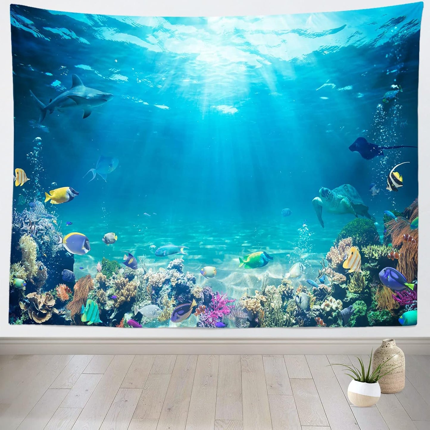Underwater World Tapestry Blue Ocean Wall Hanging Under the Sea Coral Reef Wall Tapestry Tropical Fish Tank Undersea Tapestries Marine Wall Art for Bedroom Living Room Dorm Decor 118''x98''