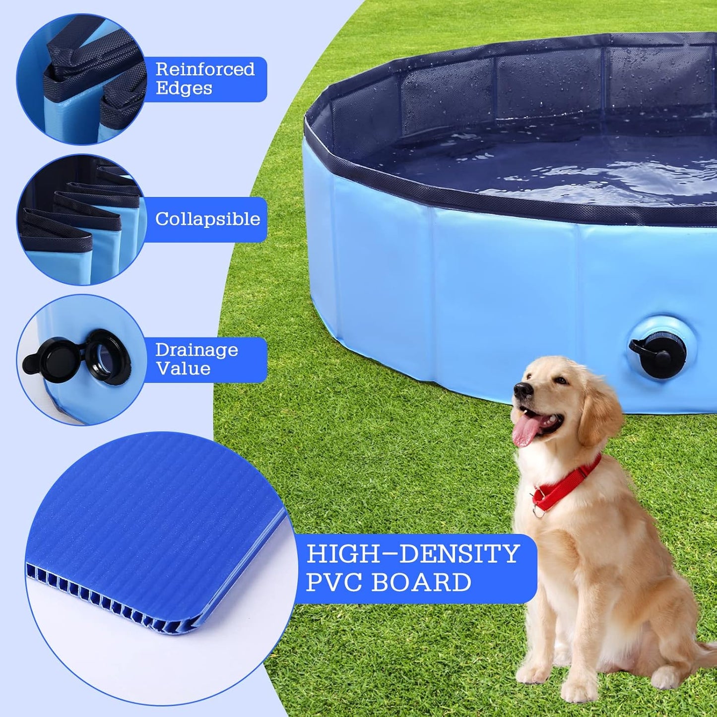 Foldable Dog Bath Swimming Pool Plastic Kiddie Pool Professional Tub Collapsible Grooming Bathtub for Pets Kids Baby and Toddler, 48 x 12 Inches Blue