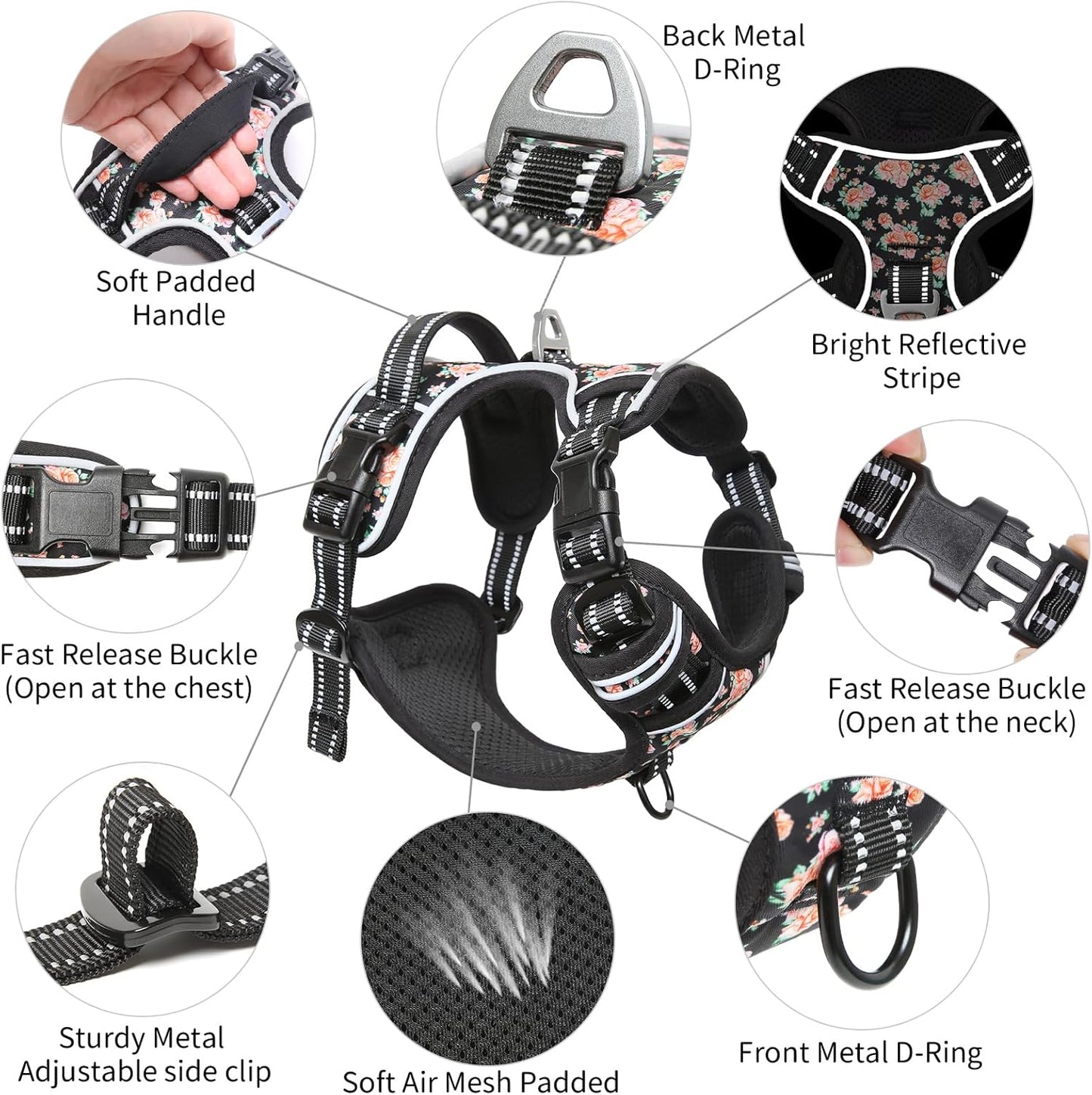 Timos Dog Harness, 3 Snap Buckles No-Pull Soft Padded Dog Vest with 2 Metal Leash Clips,Adjustable Reflective No Choke Pet Harness with Easy Control Handle for Small Dogs,Black Rose,S