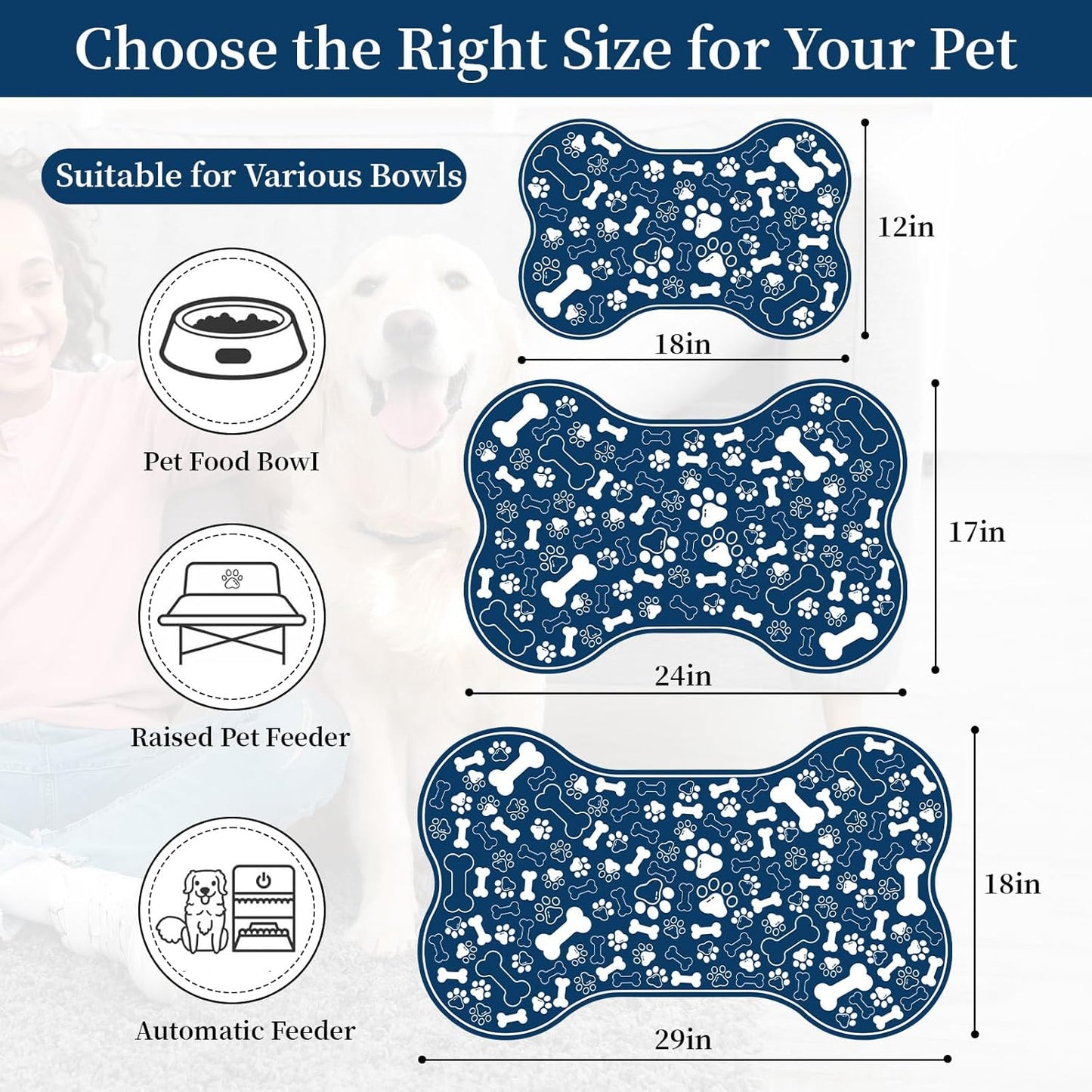 Dog & Cat Food Mat Bone Shaped Pet Feeding Mat Quick Absorb Water Bowl Placemat with Rubber Backing Indoor Floor Stain Resistant Pet Accessory Supplies (Blue, 12x18 Inches)