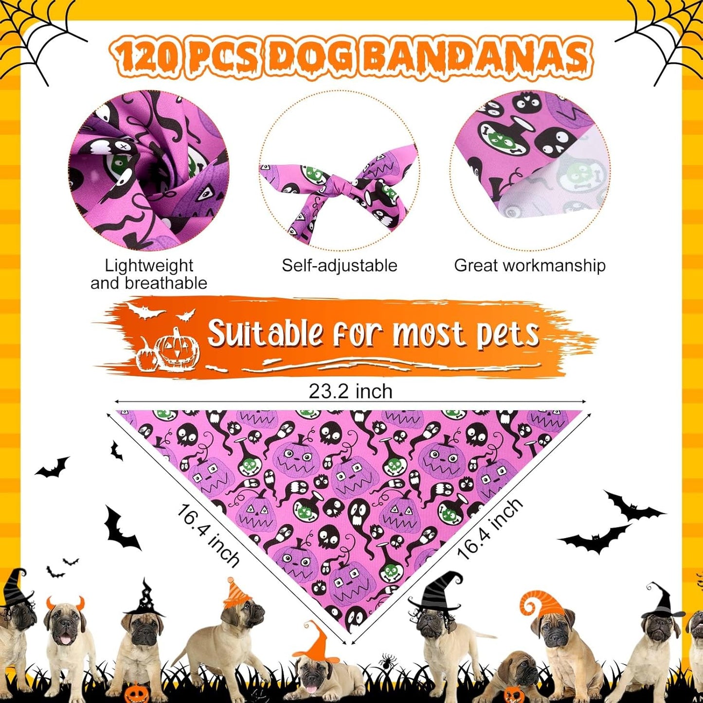Sanwuta 120 Pcs Halloween Dog Bandanas Bulk, 40 Styles Adjustable Triangle Pet Scarves, Soft Washable Halloween Dog Cat Accessories for Small Medium Large Dogs, Puppy Costumes and Party Dress up