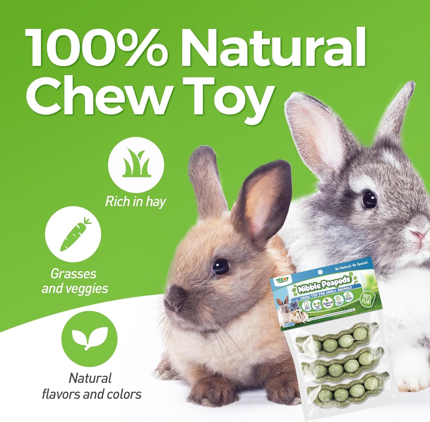 TEEWY 3PCS Guinea Pig Chew Toys, Prevent Teeth Overgrowth, Natural Vegetables and Timothy Grass, Hamster Chew Toys, Guinea Pig Toys, Chinchilla Toys, Peapod-Shaped