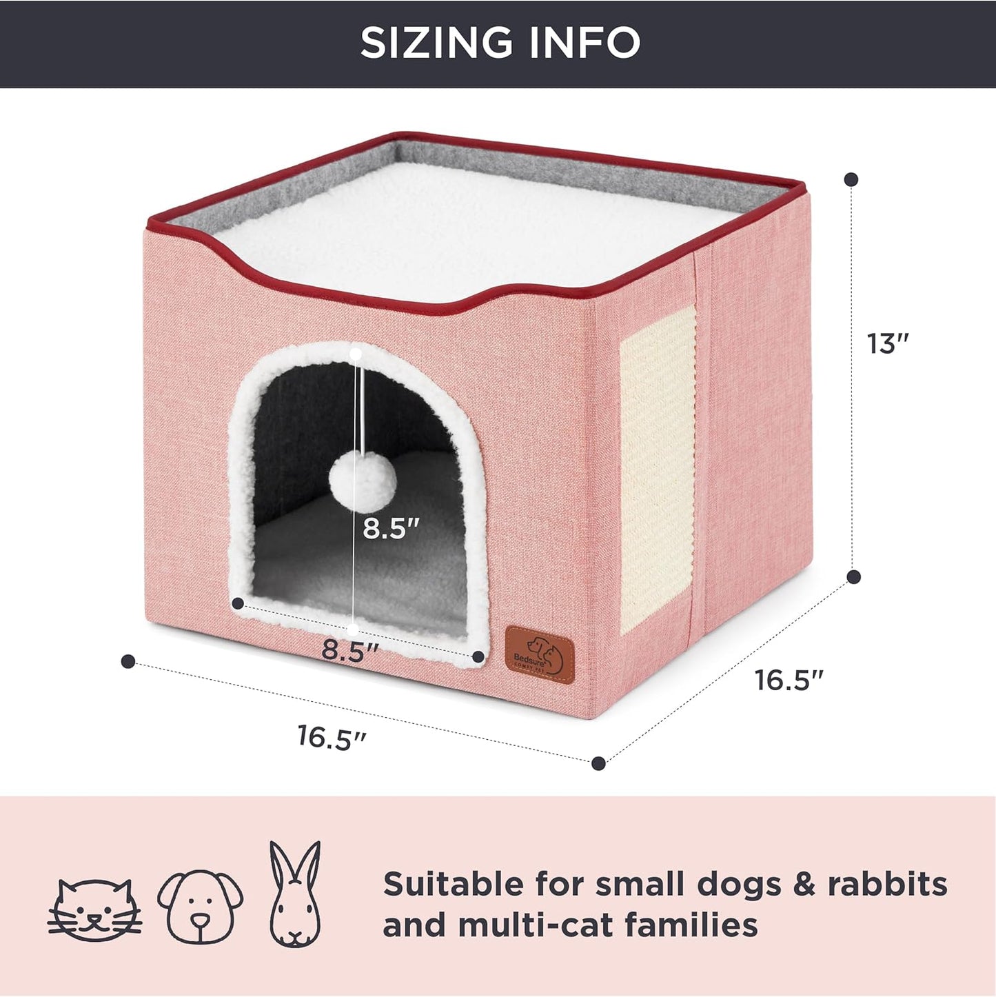 Bedsure Cat Beds for Indoor Cats - Large Cat Cave for Pet Cat House with Fluffy Ball Hanging and Scratch Pad, Foldable Cat Hideaway,16.5x16.5x13 inches, Pink