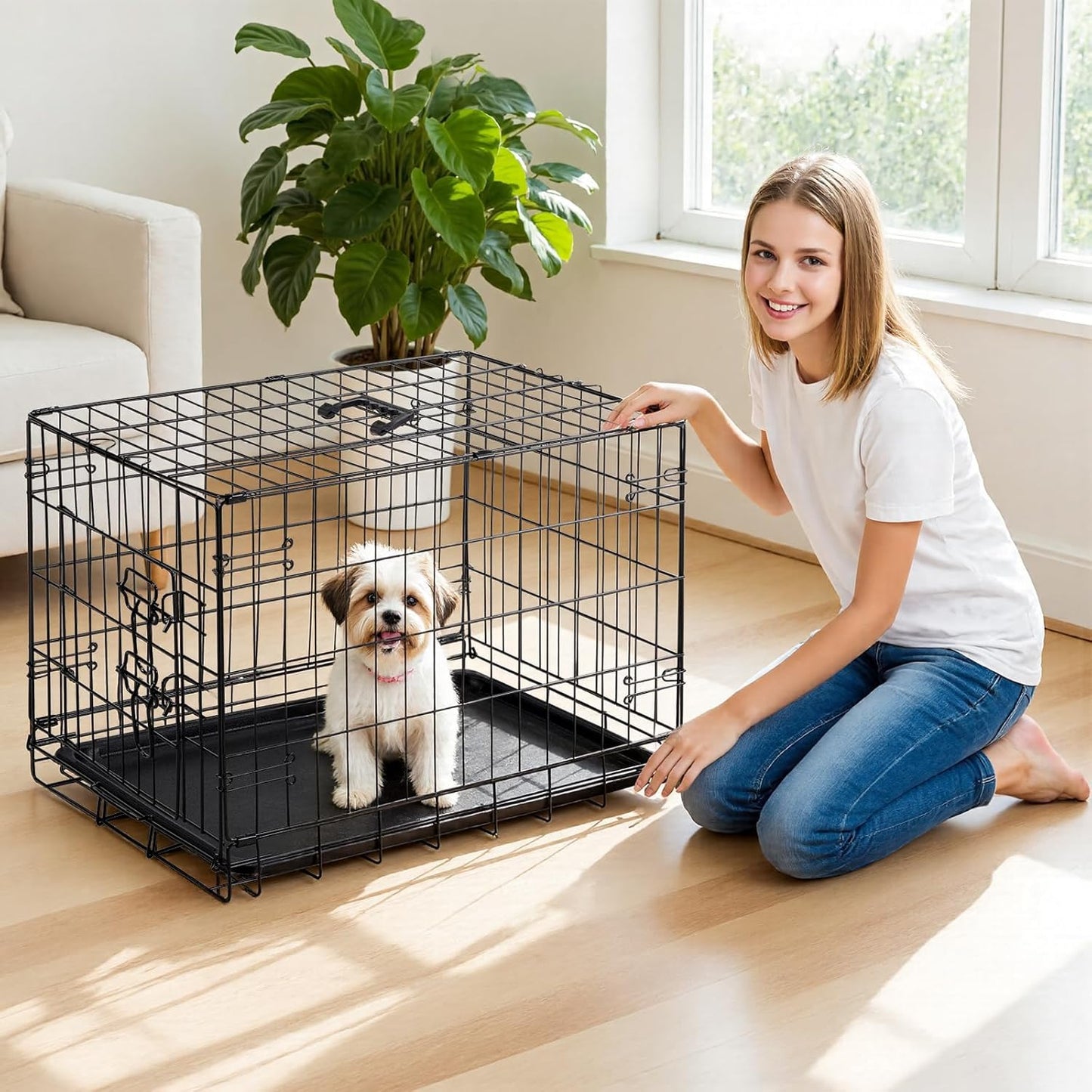 Dog Crate, 30 Inch Medium Wire Kennel with Divider Panel, Metal Cages with Double Door, Leak-Proof Pan Tray, Folding Portable for Indoor Outdoor Travel
