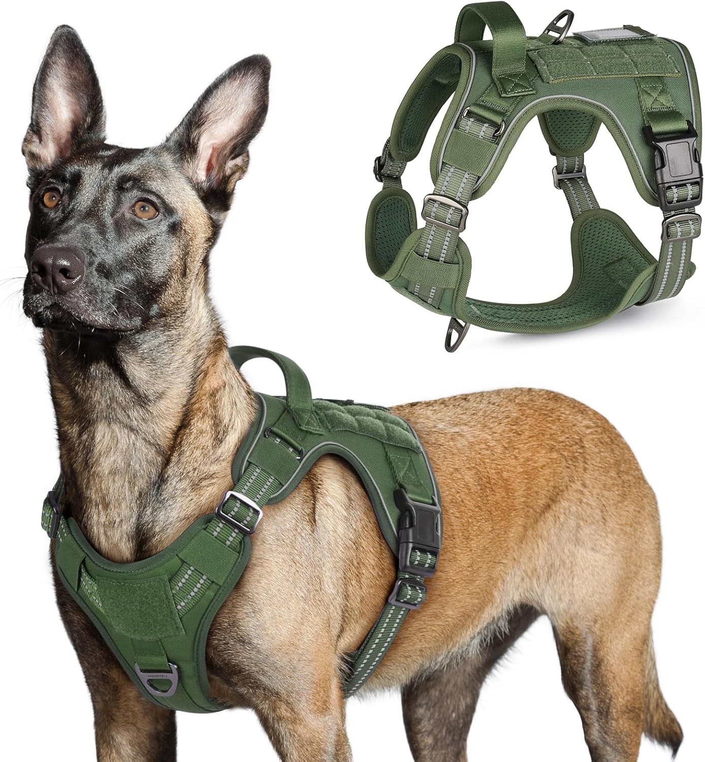 rabbitgoo Tactical Dog Harness for Large Dogs, No Pull Military Service Vest with Handle & Molle, Easy Control for Training Walking, Adjustable Reflective Straps, Green, L