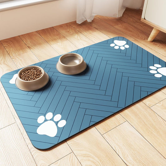 Pet Feeding Mat-Absorbent Pet Placemat for Food and Water Bowl, with Waterproof Rubber Backing, Quick Dry Water Dispenser Mat for Dog and Cat (12"x20", Blue)