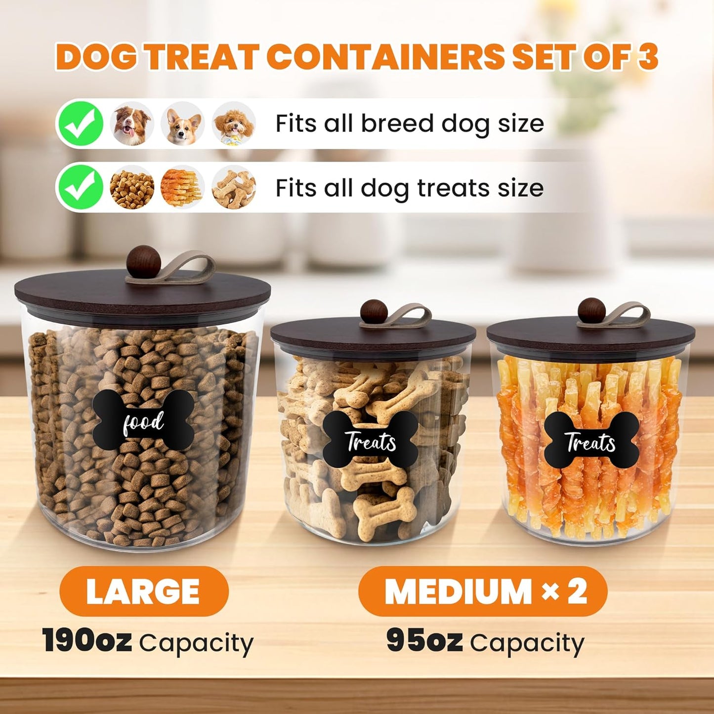 3 Pack Airtight Dog Food Storage Container, Dog Treat Container Dog Food Container with Wood Lids 8x7''&6x5'',Pet Food Storage Container,Cat Food Containers with Scoops,Clamp,Labels,Pens