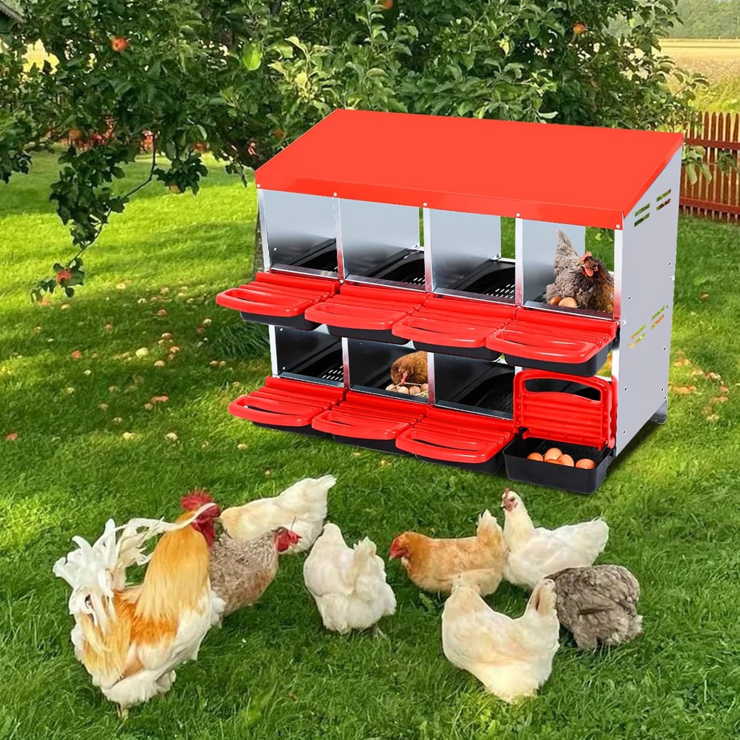 Nesting Boxes for Chickens, Chickens Laying Boxes for Chicken Coop, 8 Compartments Chicken Nesting Boxes, with Removable Tray, Easy Cleaning, for Hens Outdoor Chicken Coop Farm Yard, Red