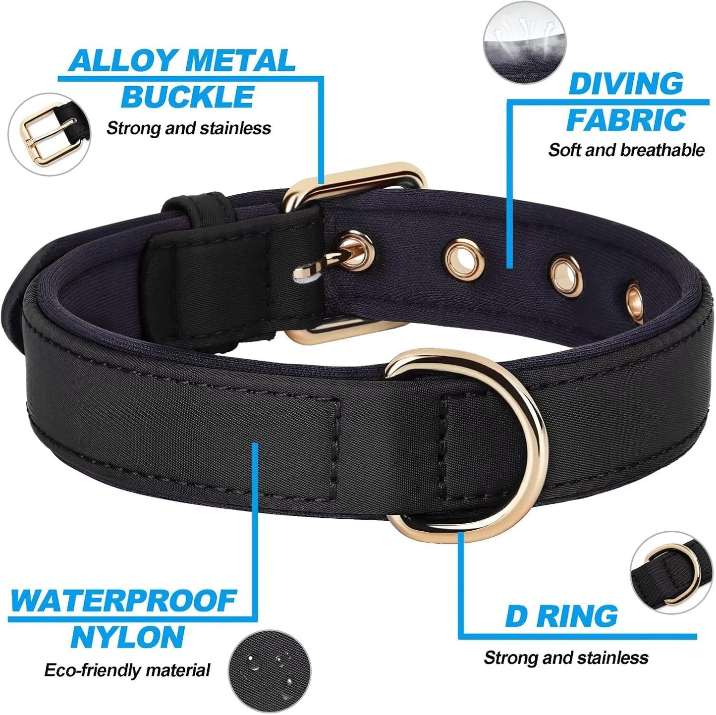 Didog Soft Padded Dog Collars for Small Dogs, Lightweight and Breathable Dog Collar with Metal Buckle, Black, M