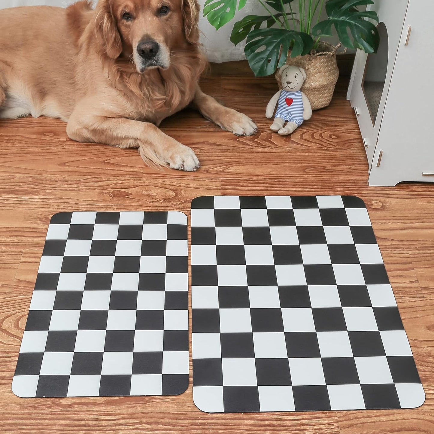 Ralxion Checkered Dog Feeding Mat, Absorbent Mats for Dog Food and Water Bowl, Dispenser, Modern Aesthetic Black White Checkerboard Pet Placemat for Dogs, Cats, Puppy Accessories, 12" X19”