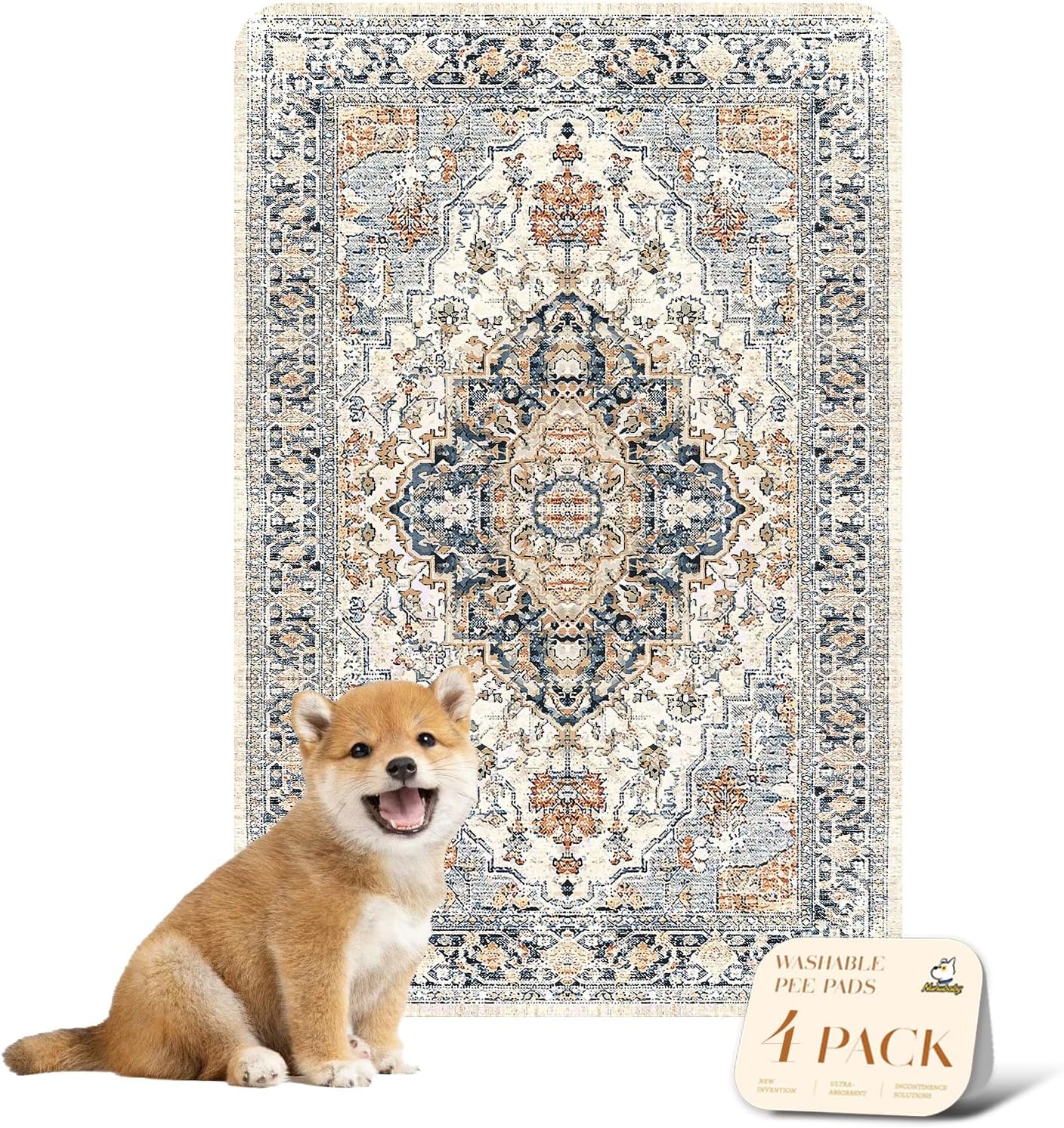 nunubaby 4PACK Washable Pee Pads for Dogs, Stylish, Non-Slip and Leak-Proof Pee Pads. Reusable Potty Pads for Dogs for Crates and Floors.(Beige/Multi, 24" x36")