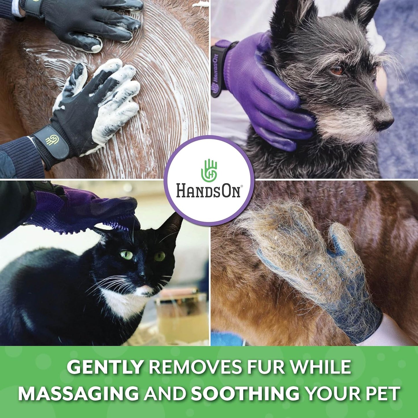 H HandsOn Pet Grooming Gloves - Patented #1 Ranked, Award Winning Shedding, Bathing, & Hair Remover Gloves - Gentle Brush for Cats, Dogs, and Horses (Mono Purple, Junior)