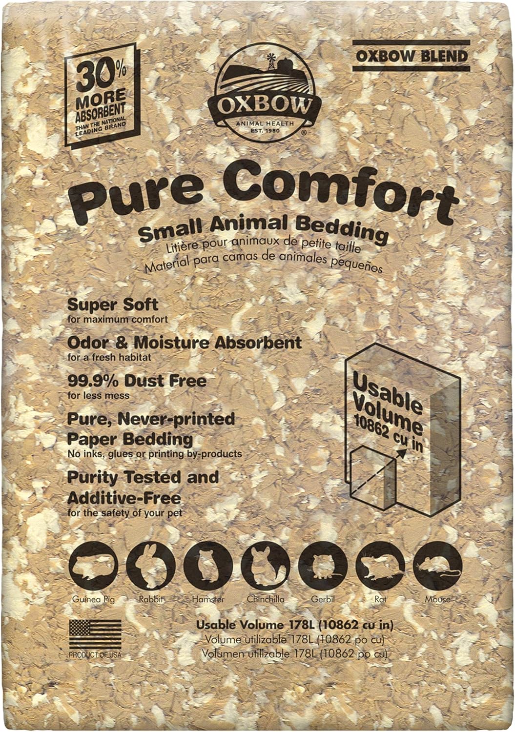 Oxbow Pure Comfort Bedding, Rabbit, Hamster, & Guinea Pig Bedding, Bunny Supplies for Litter Box, Pet Safe, Bunny Litter Box, Guinea Pig Cage, 99.9% Non-Dust, Blended, 178 Liter Bag