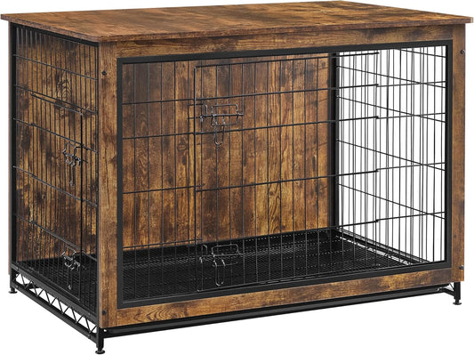 Feandrea Dog Crate Furniture, 44.1" Side End Table, Modern Kennel for Dogs Indoor up to 80 lb, Heavy-Duty Dog Cage with Multi-Purpose Removable Tray, Double-Door Dog House, Rustic Brown UPFC004X01