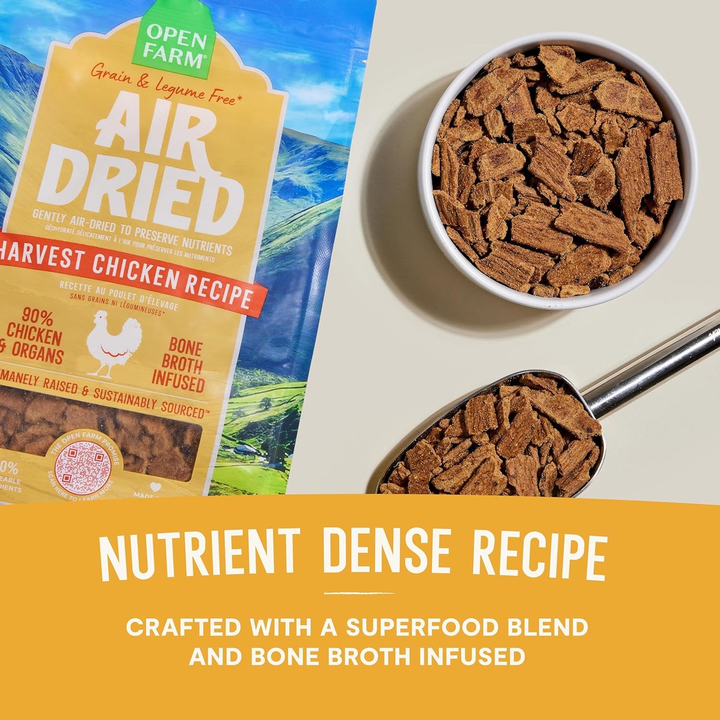 Open Farm, Air Dried Dog Food Infused with Bone Broth, Grain & Legume Free, Complete Meal or Food Topper, Harvest Chicken Recipe, 1lb Bag