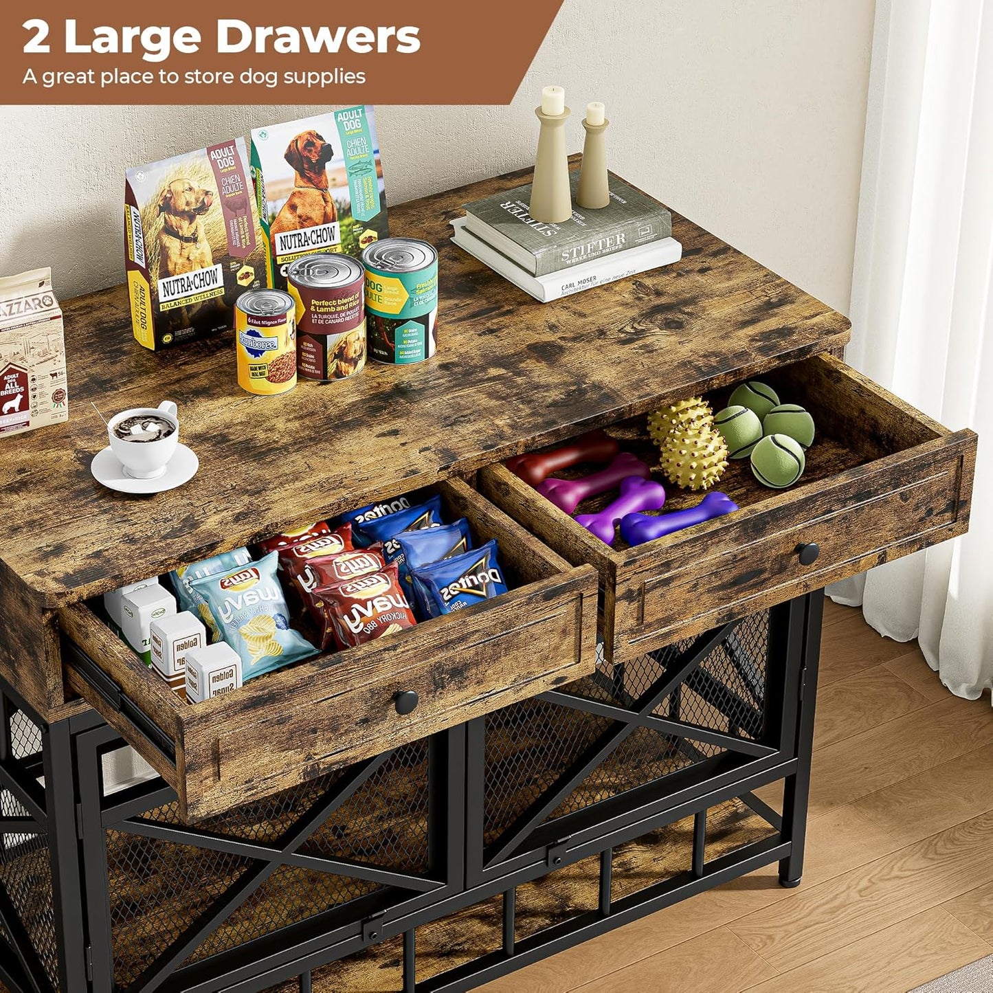 IRONCK 44 inch Large Dog Crate Furniture, Wooden Dog Kennel with Storage Drawers for Medium/Large Dogs, Decorative Dogs Kennel Indoor, Rustic Brown