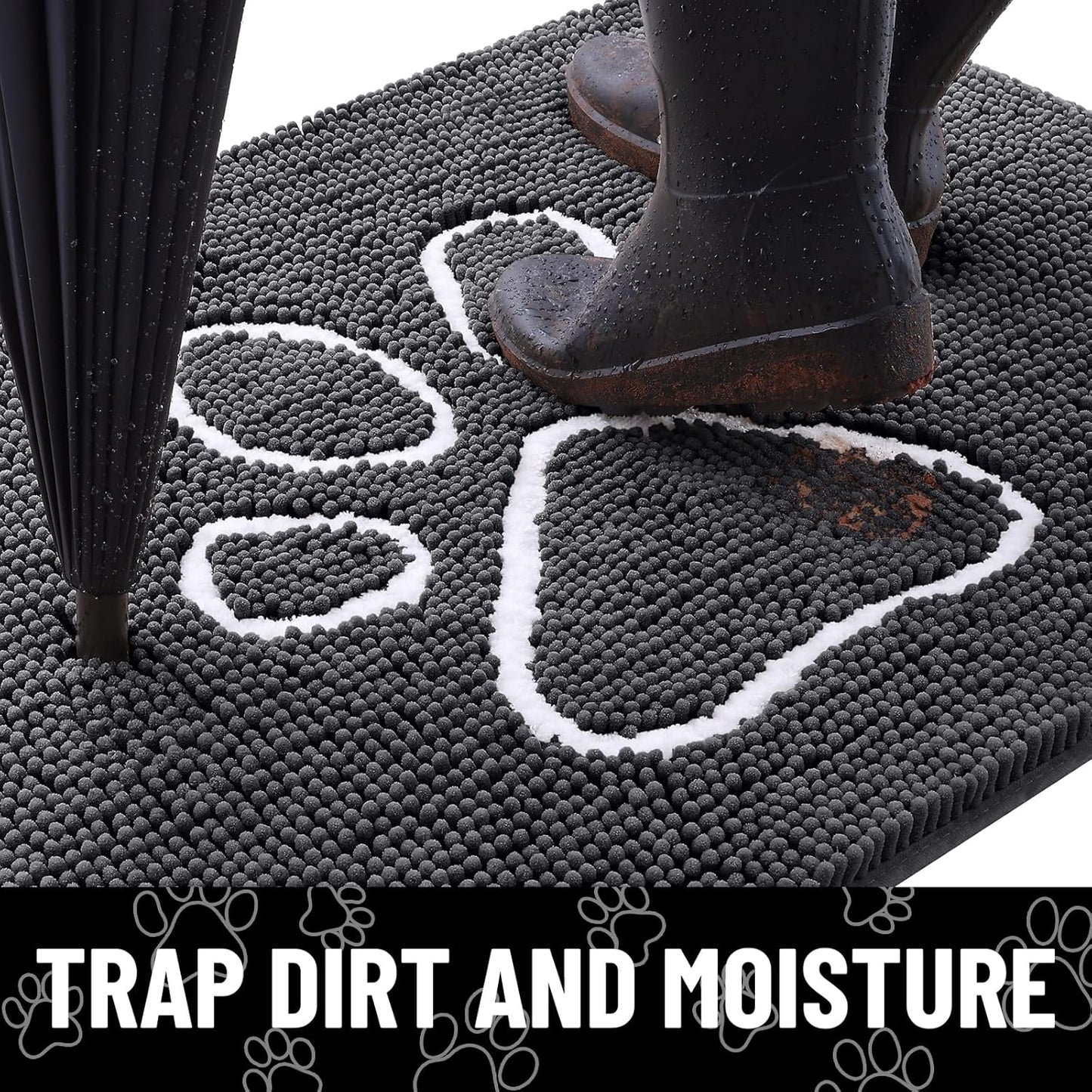 Smiry Dog Door Mat for Muddy Paws, Absorbent Dirt Trapper Non Slip Quick Dry Washable Chenille Mat for Mud Dogs, Entry Rug for Indoor and Outdoor (36x24 Inches, Dark Grey and White)
