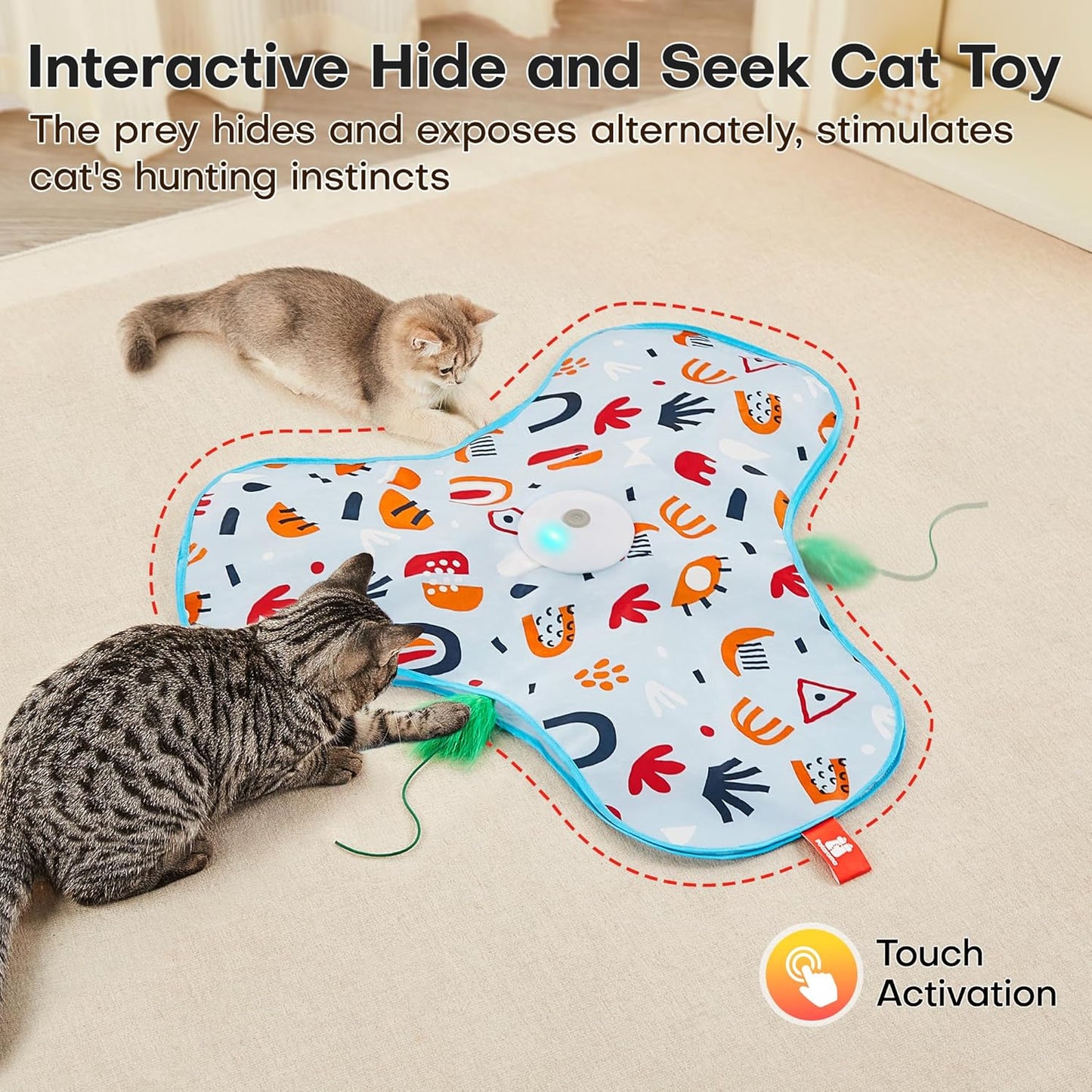 Potaroma Hide and Seek Interactive Cat Toys, Moving Concealed Wand Feather, Automatic Chargeable Indoor Kitten Exercise Kicker, Mouse Squeaky, Floral Cover