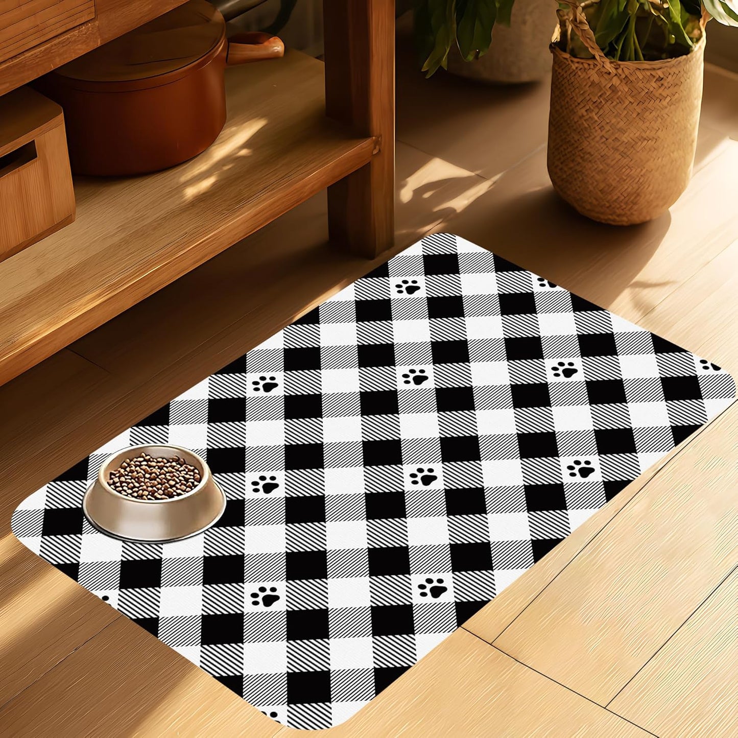 Cat Checked Plaid Dog Food Mat-Absorbent Pet Feeding Mat for Food and Water Bowl, Quick Dry Dog Placemat with Rubber Backing-No Stains Pet Supplies for Messy Drinkers 16"x24"