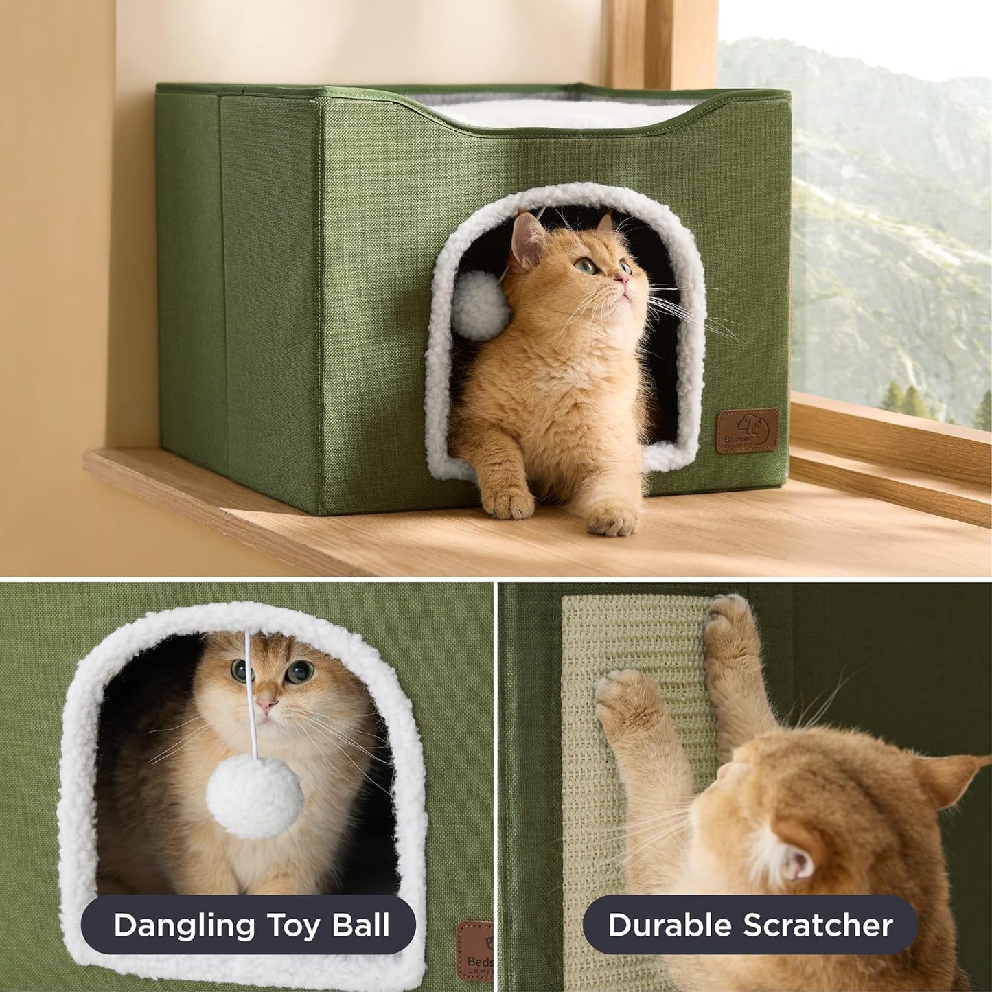 Bedsure Cat Beds for Indoor Cats - Large Cat Cave for Pet Cat House with Fluffy Ball Hanging and Scratch Pad, Foldable Cat Hideaway, 16.5x16.5x13 inches, Loden Green